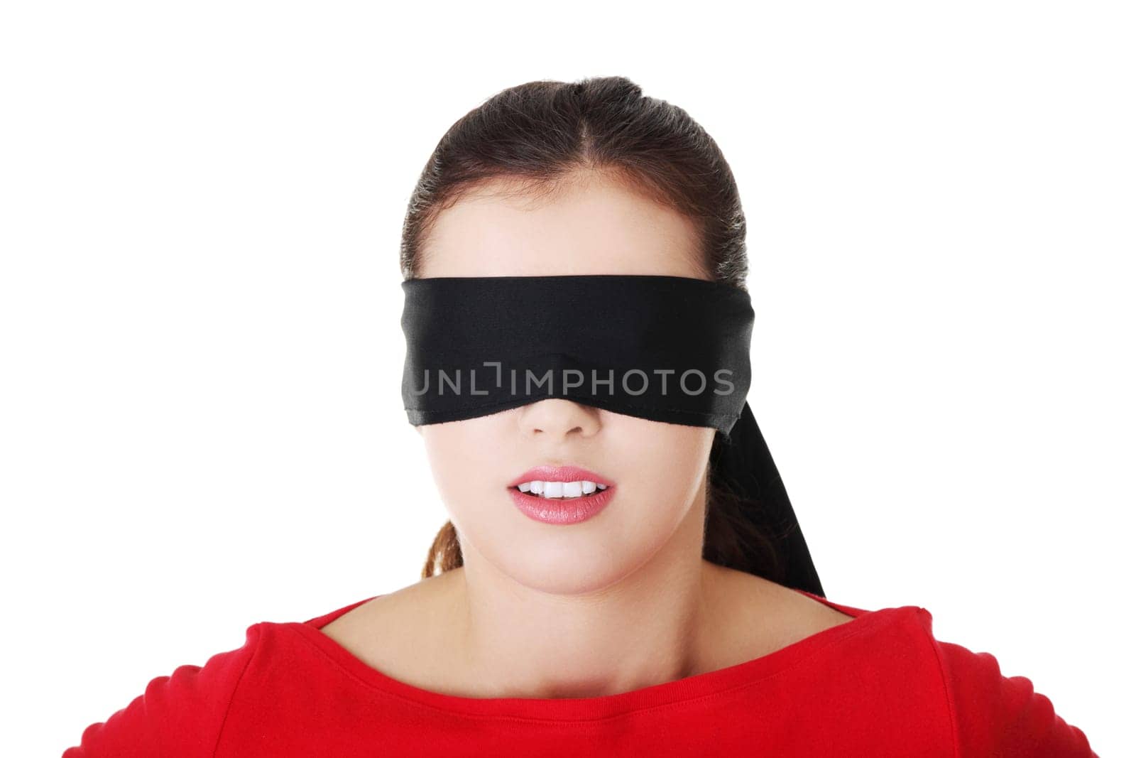 attractive cheerful girl with band on eyes. isolated on white.