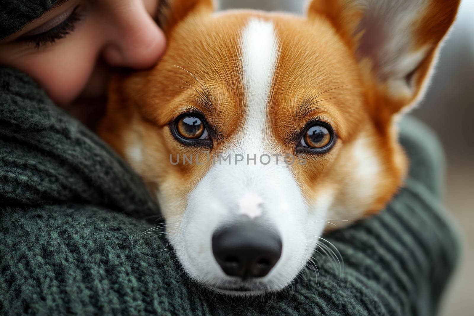 A cute corgi dog looks at the camera while being held by its owner at the vet clinic conveying affection and comfort during a visit. High quality photo