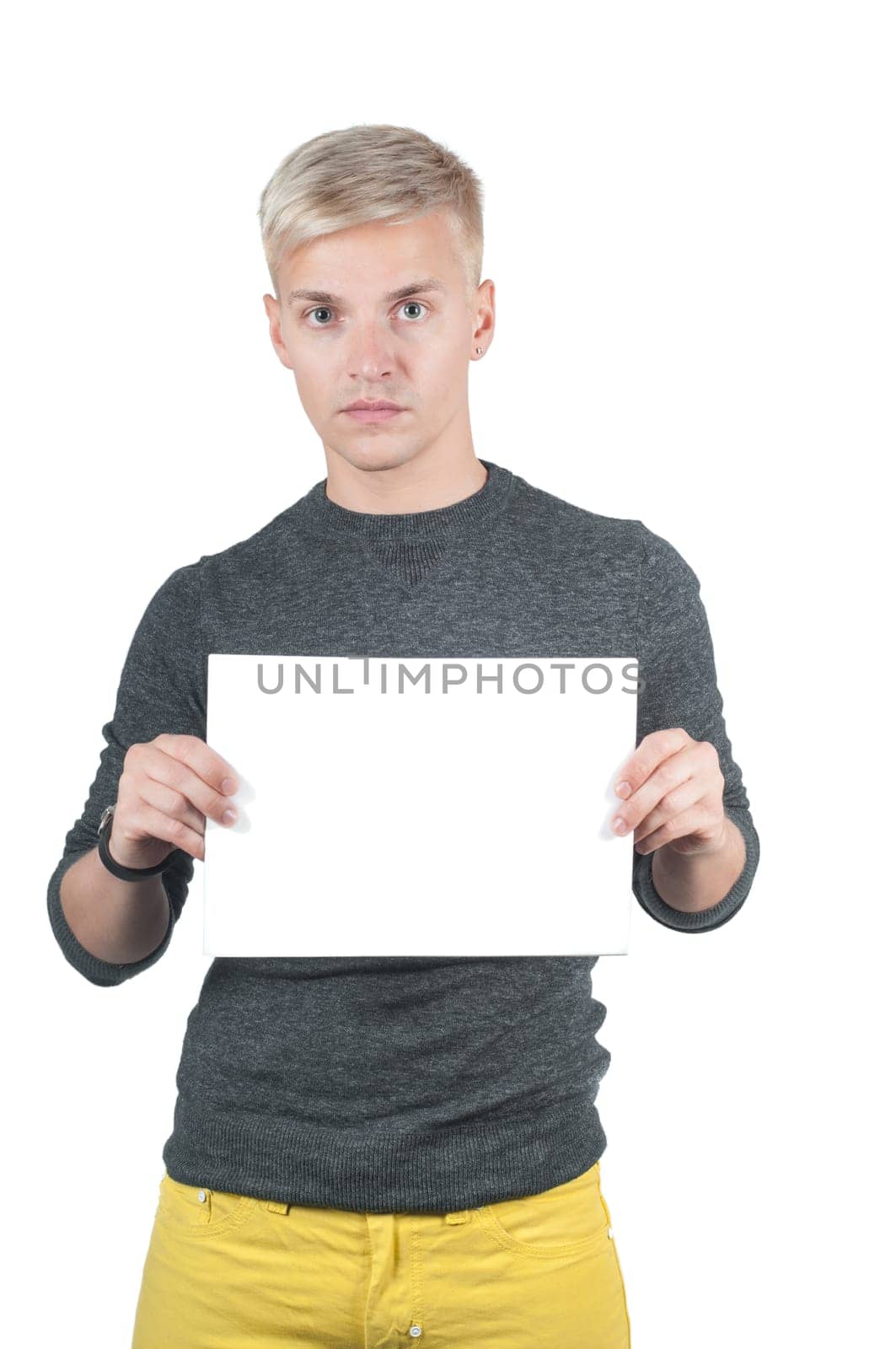 Man with a white board in his hands (copy/space)