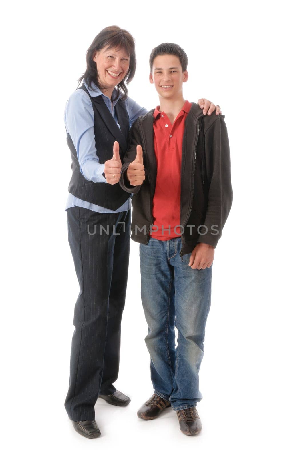 Mother and son get along splendidly and make a "thumbs up"" gesture together in front of a white background."