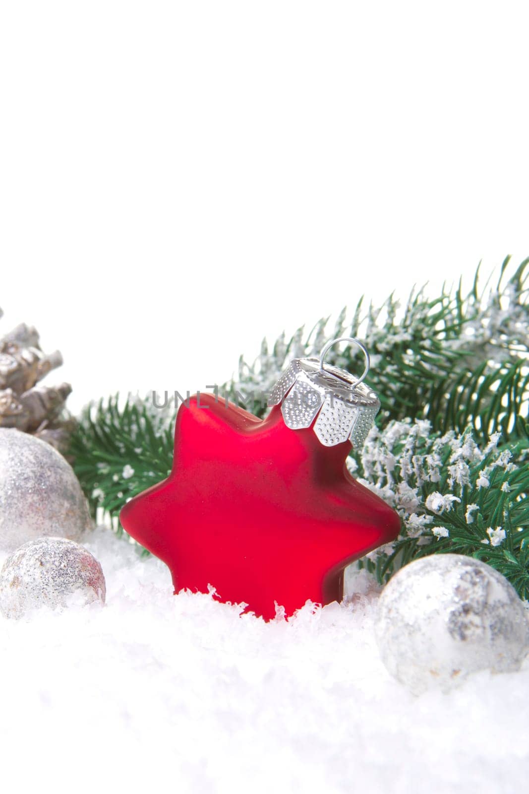 Christmas,decoration with fir branch,pine cone,Christmas bauble as a star red and white