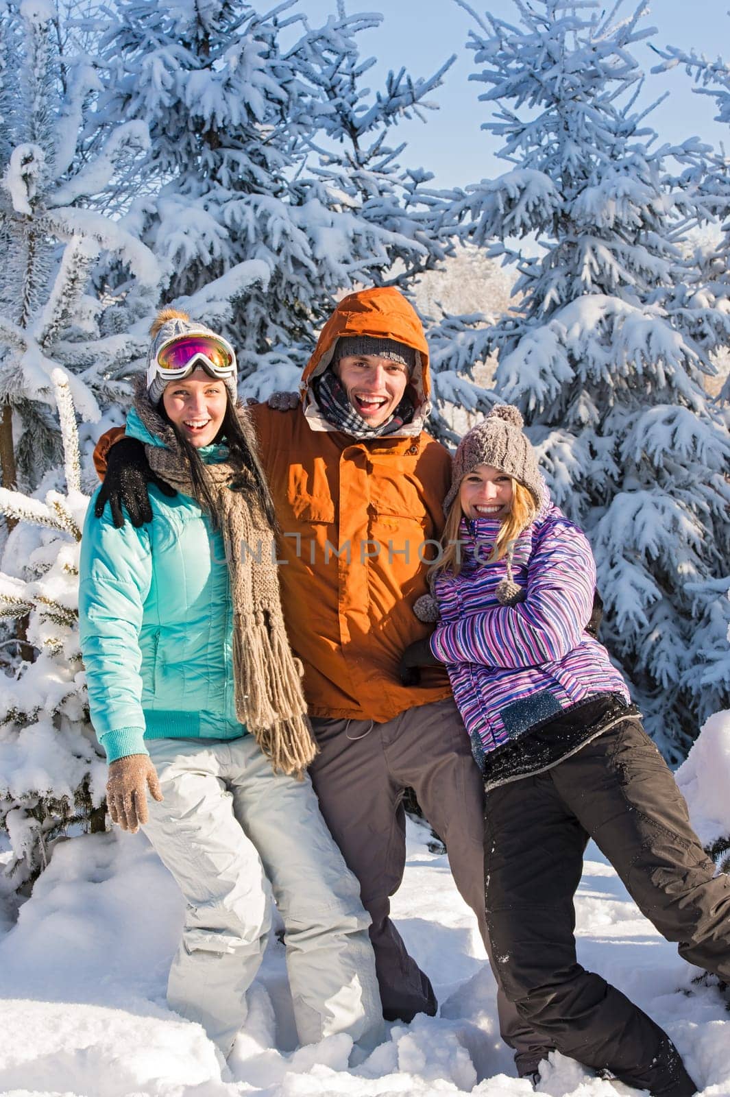 Three friends enjoy snow winter holiday mountains sunny countryside