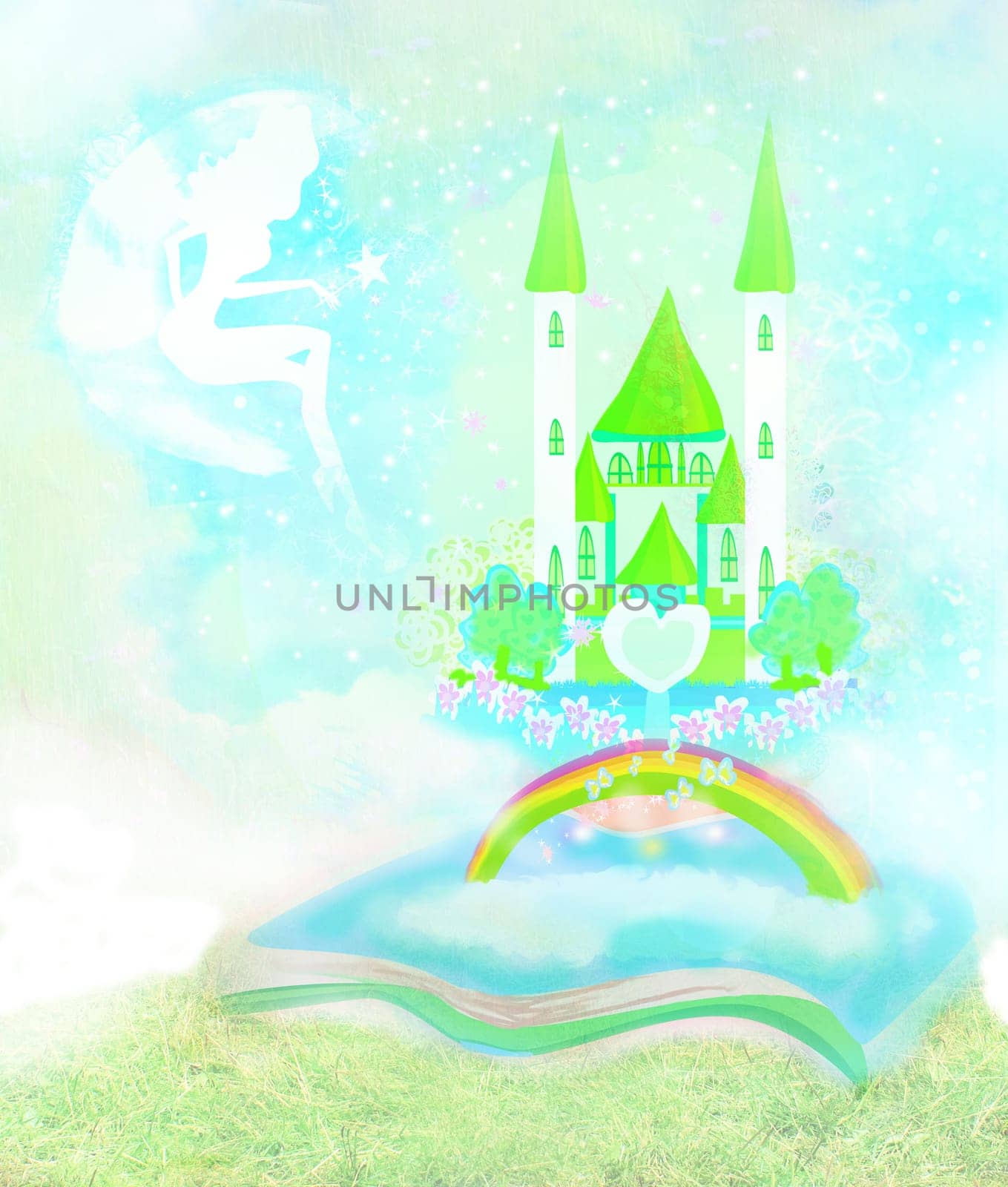 Magic world of tales, fairy castle appearing from the book