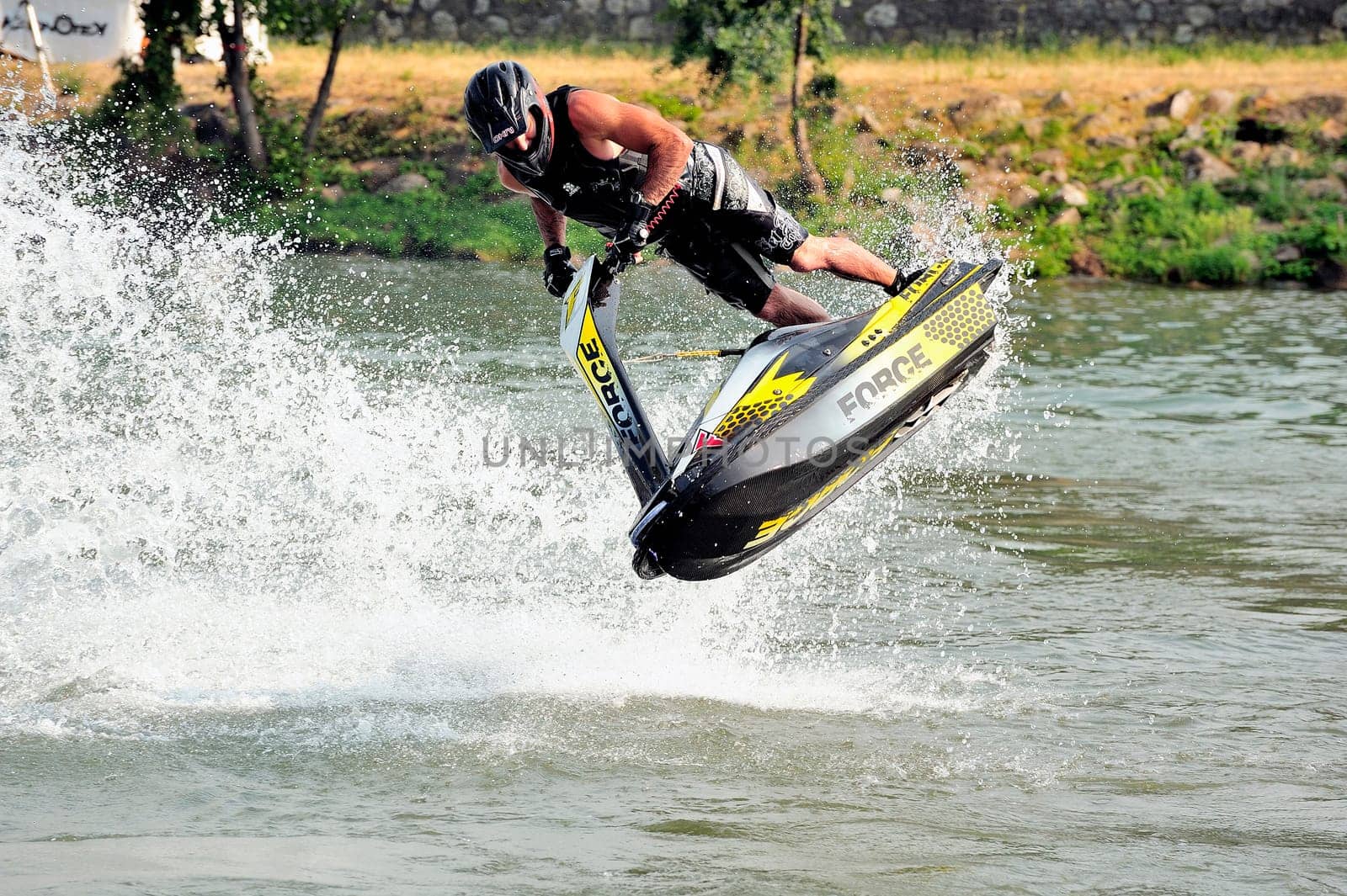 Ales - France - on July 14th, 2013 - Championship of France of Jet Ski on the river Gardon. lifting category or freestyle