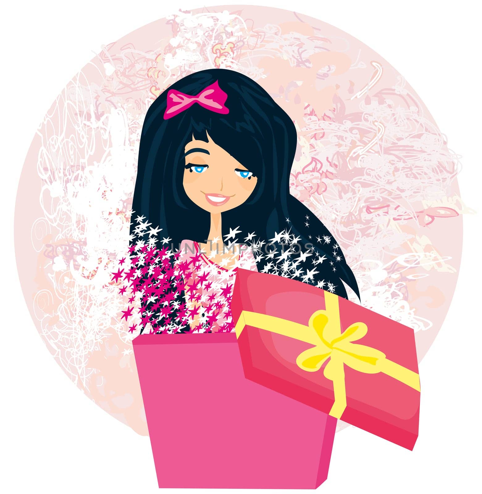 girl opening a Christmas or birthday present box with a wonderful surprise