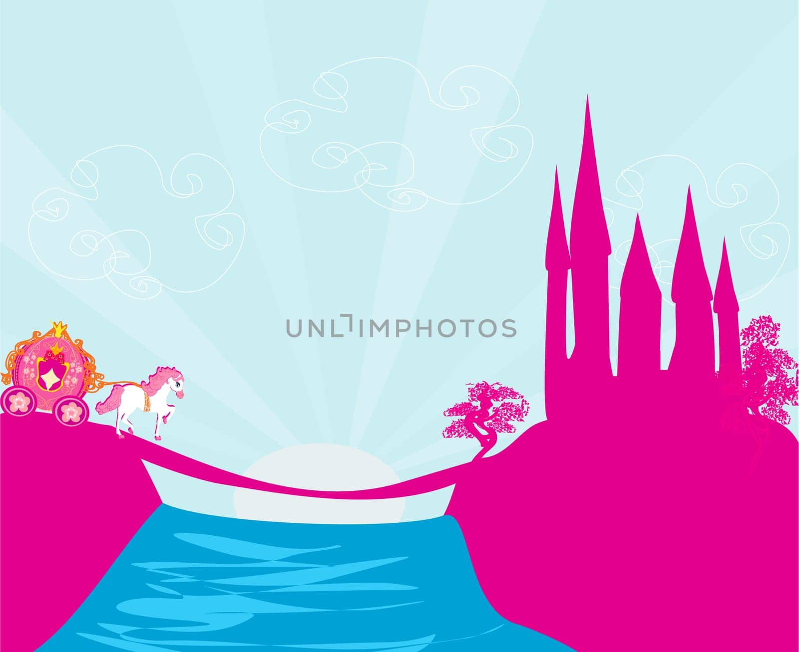 fairy tale book - Silhouette of a horse carriage and a medieval castle