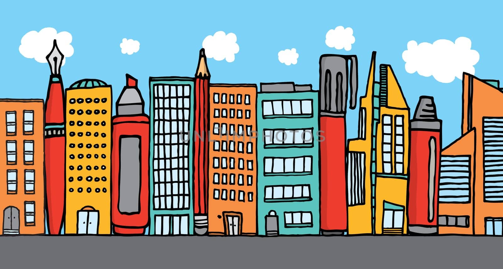 Art city with buildings and writing instruments