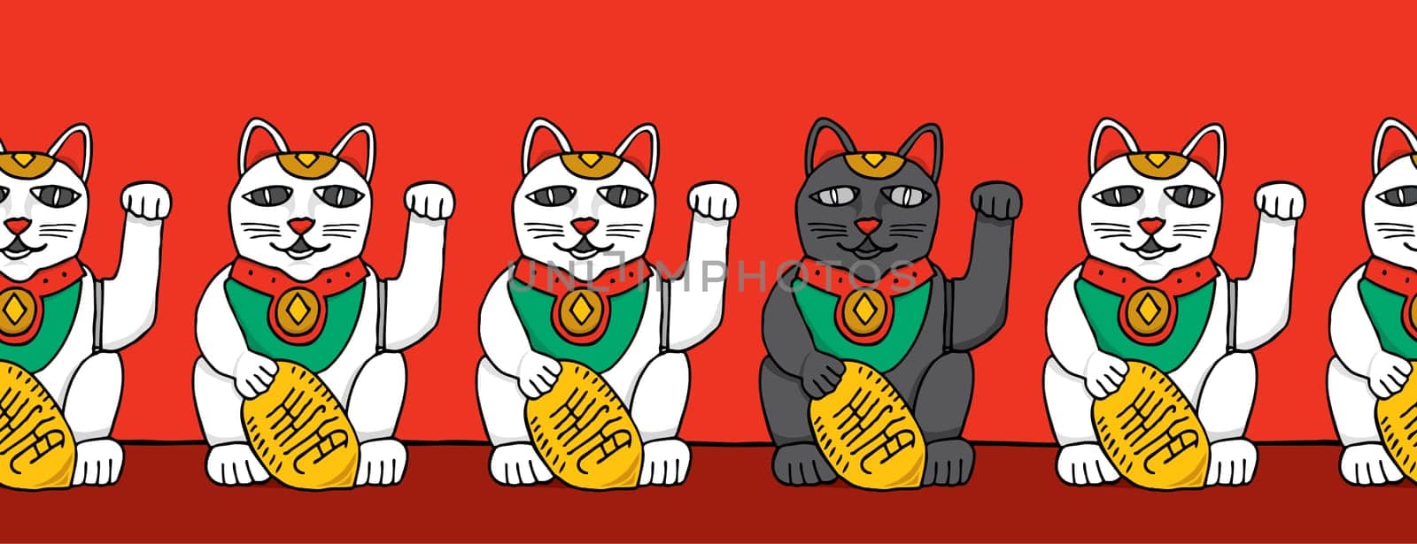 Black cat among white fortune cats
