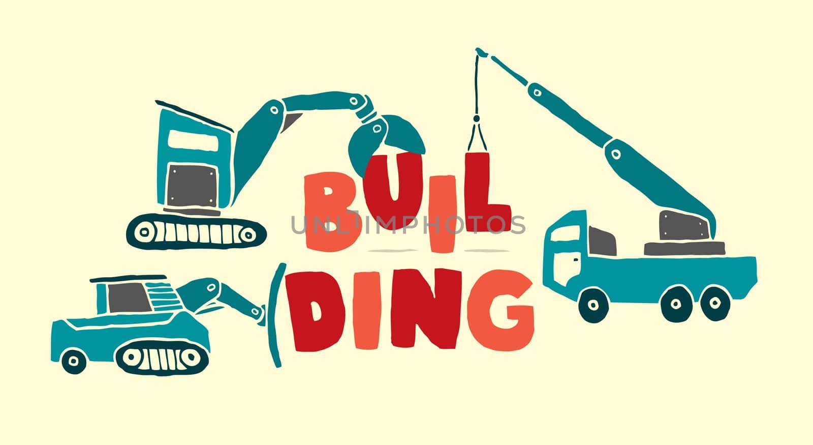 Construction vehicles building word
