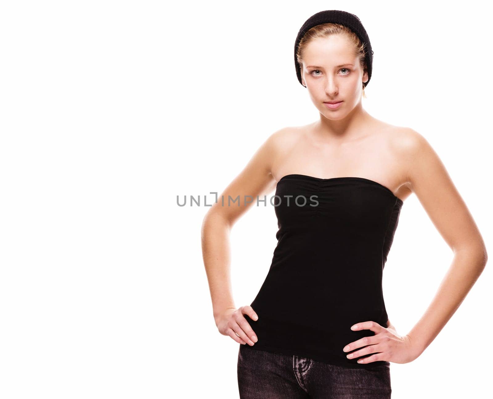 Young girl dressed in black on a white background