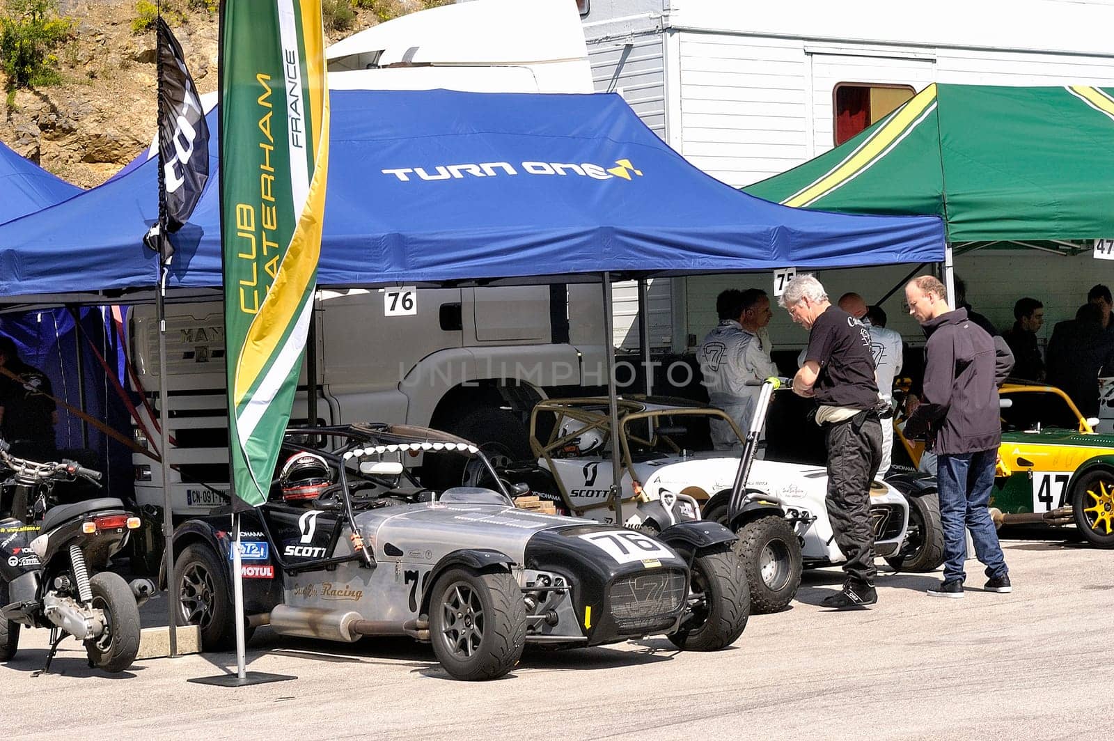 chases of Caterham on the circuit of the Cevennes with Ales in the French department of Gard the May 24th and 25th, 2013. The Caterham stands