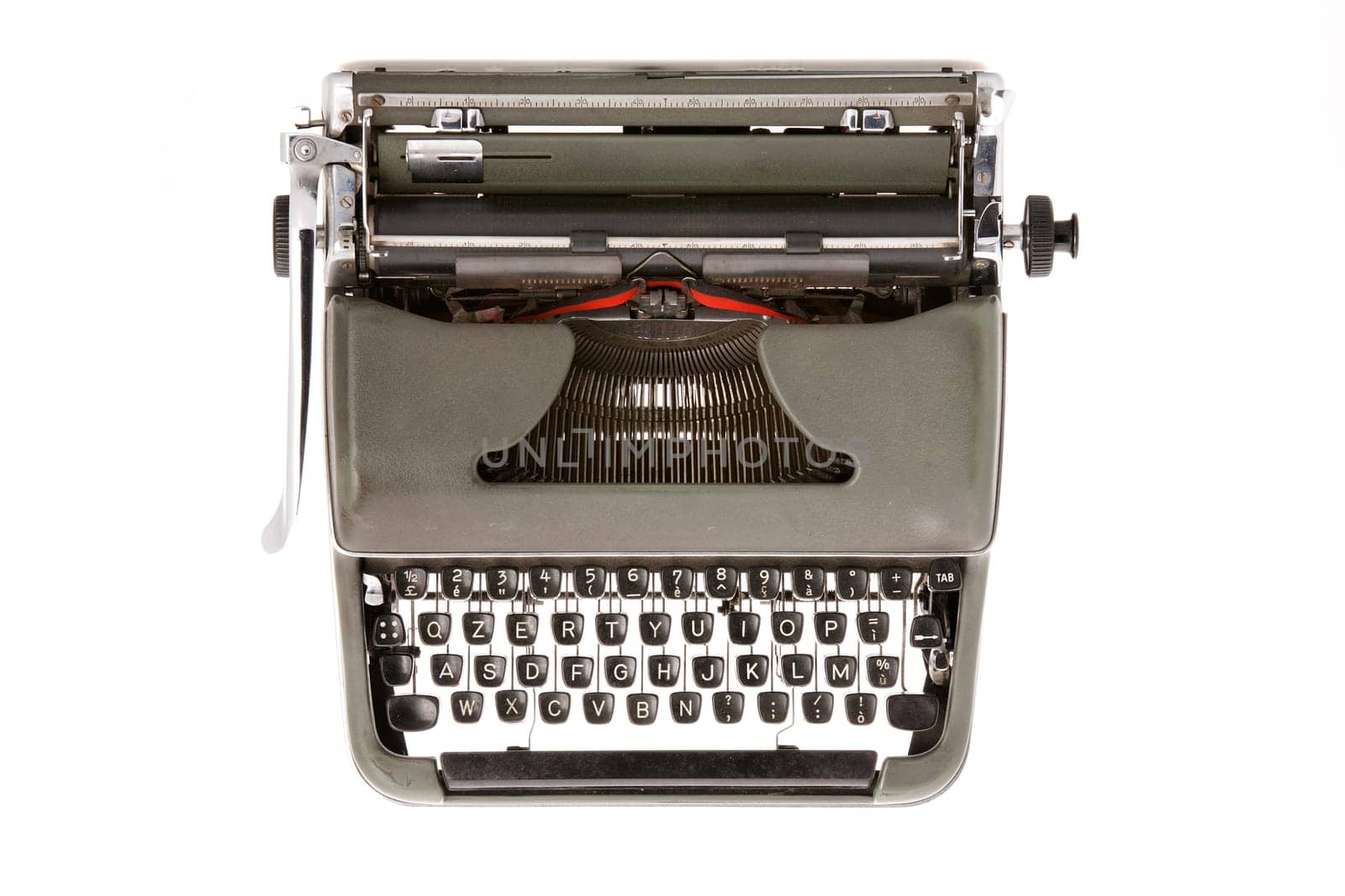 A military green old mechanical typewruter on a white backround