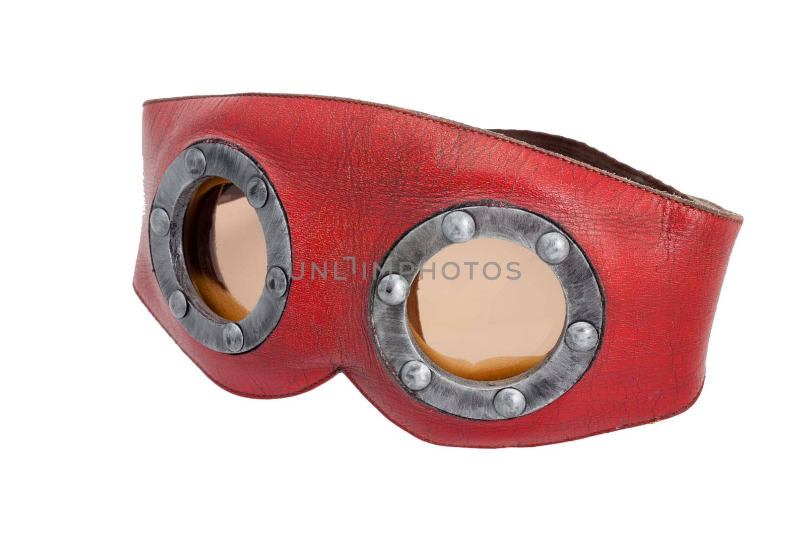 Strange red leather and metallic mask or glasses maybe for a super hero or a motorbiker