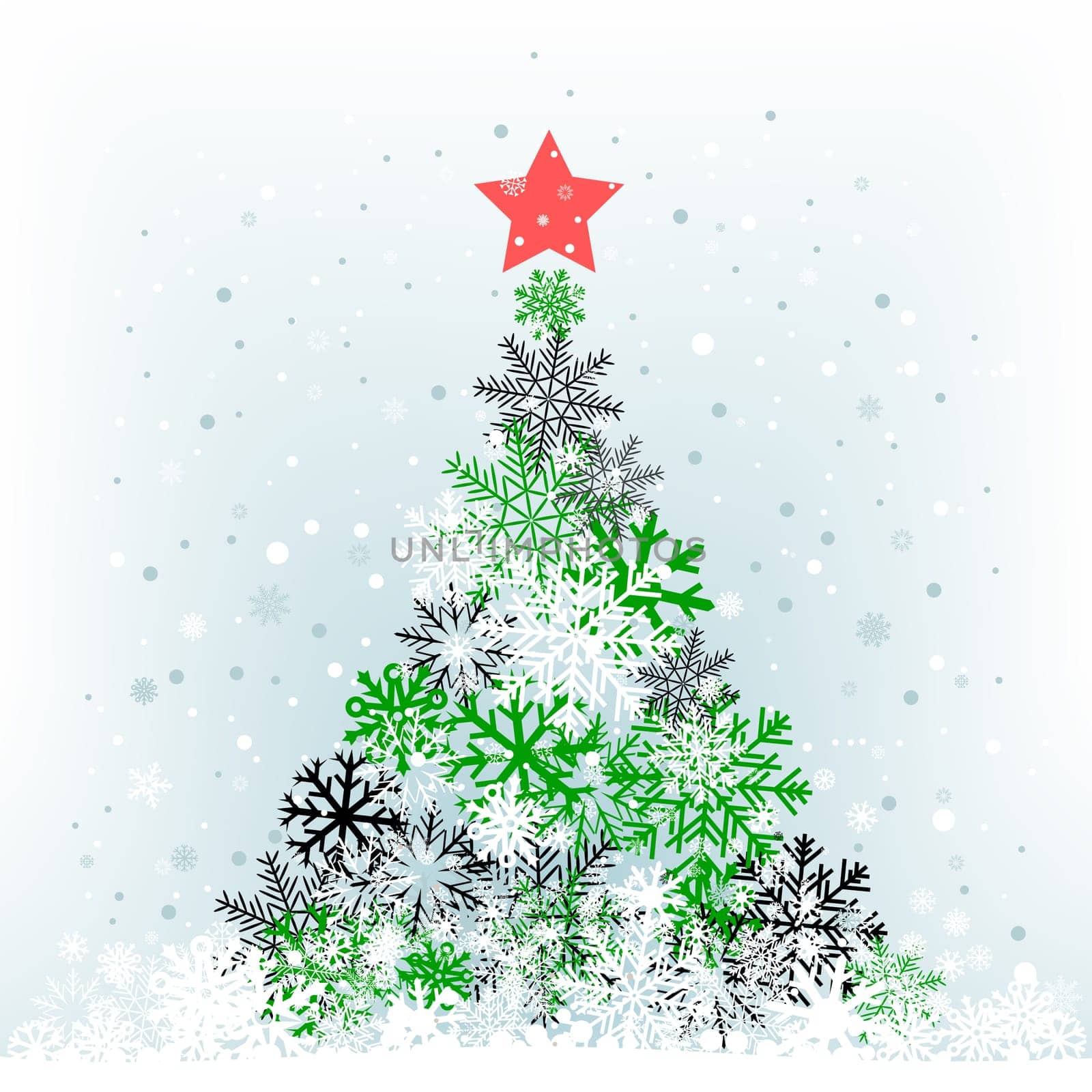 The color snow feer-tree with red star on the cerulean mesh background