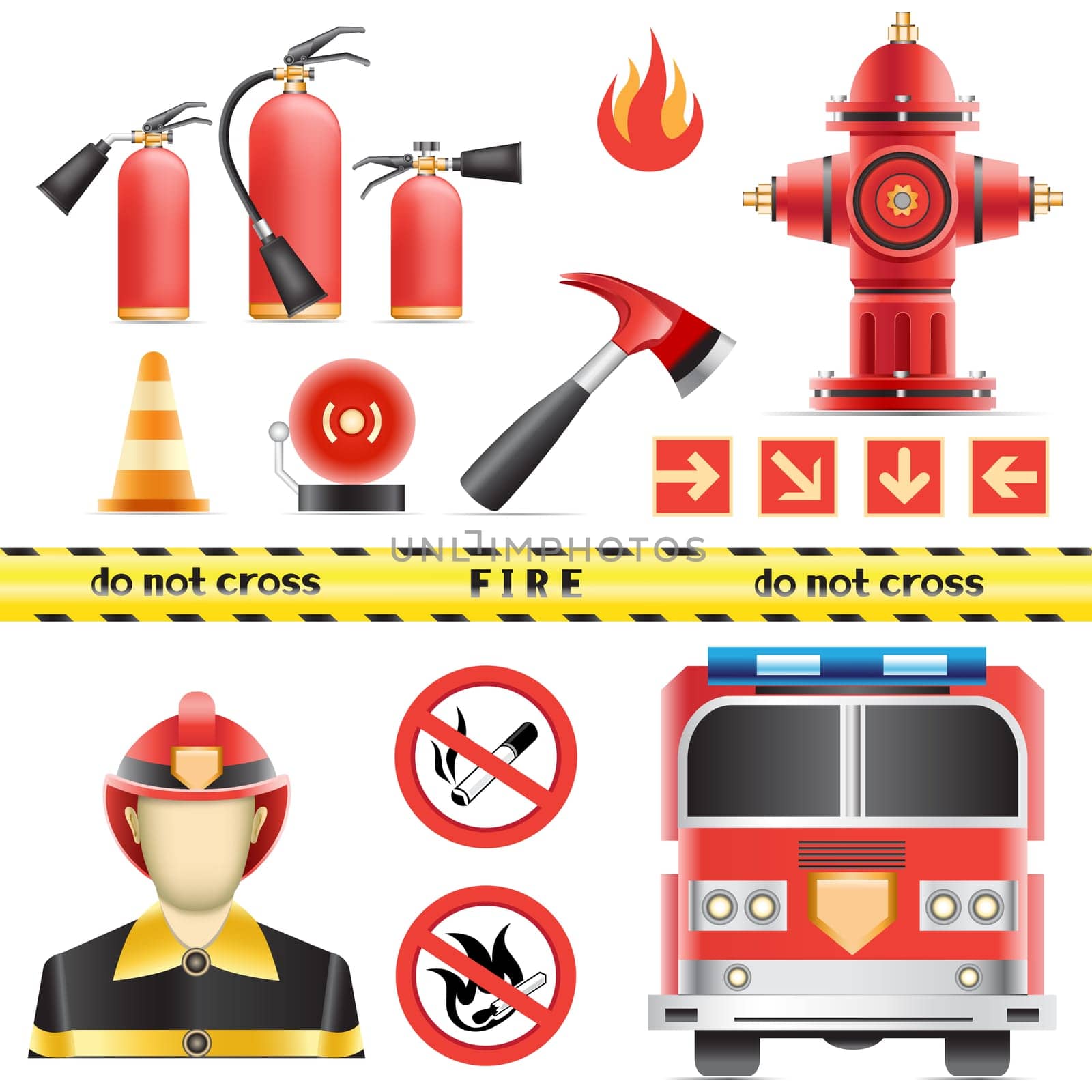 Set of the fire objects isolated on the white background