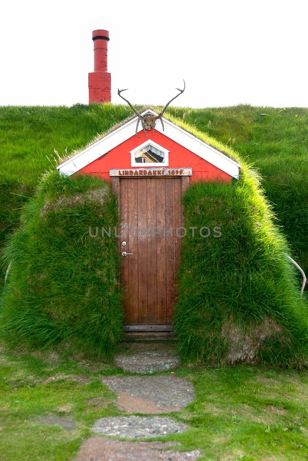 Lindarbakki house with roof covered with grass in Iceland Borgarfjordur