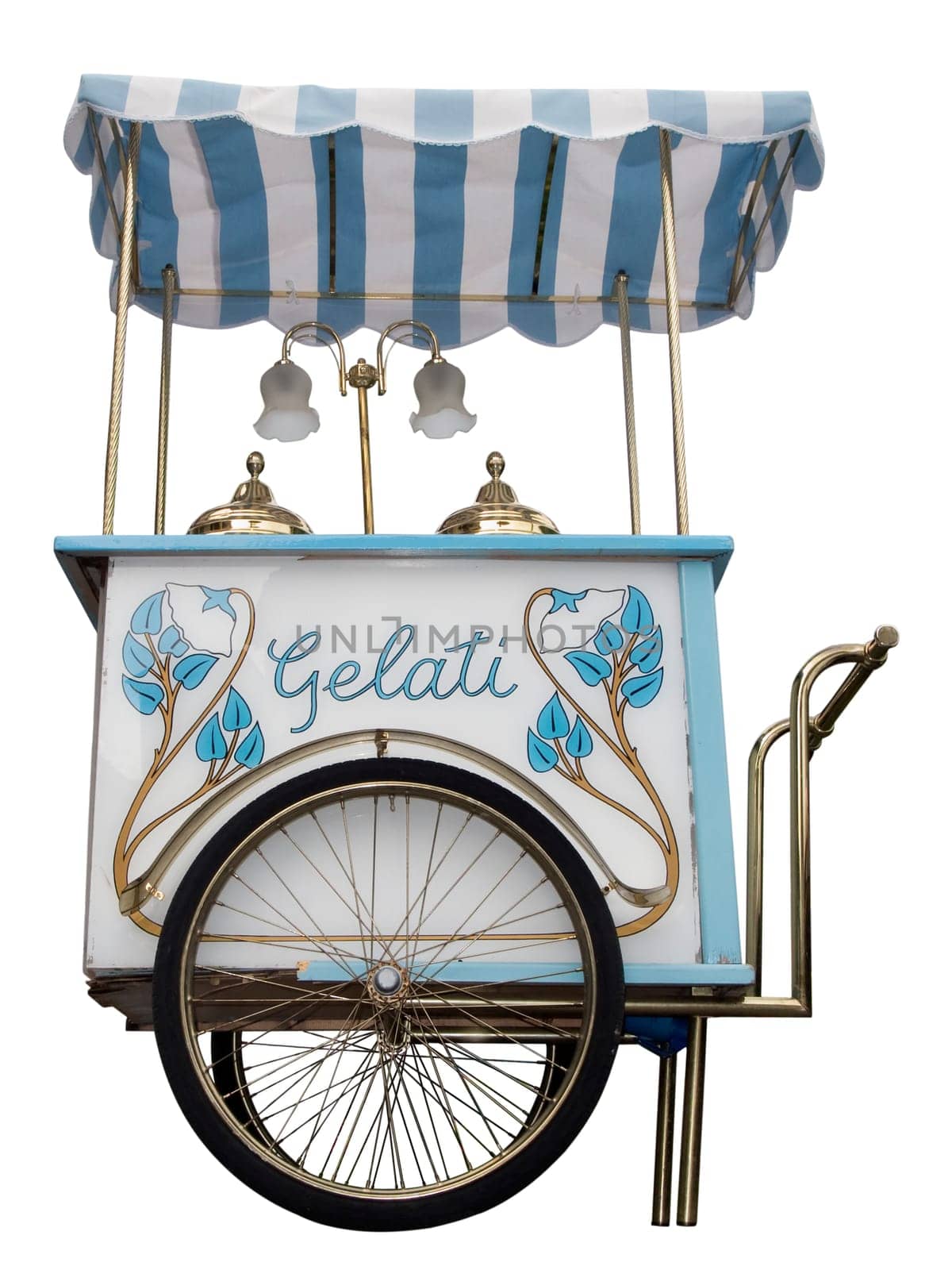 old single-axle ice cream van with white-blue awning and the inscription "Gelati"" in side view on white background"