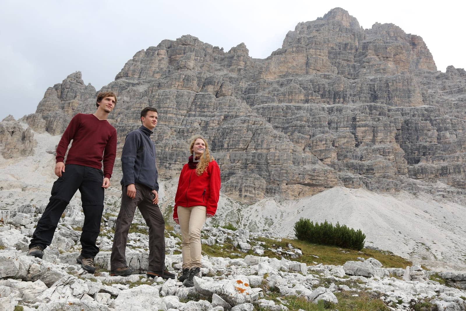 Group of young people in the mountains Alps Dolomites