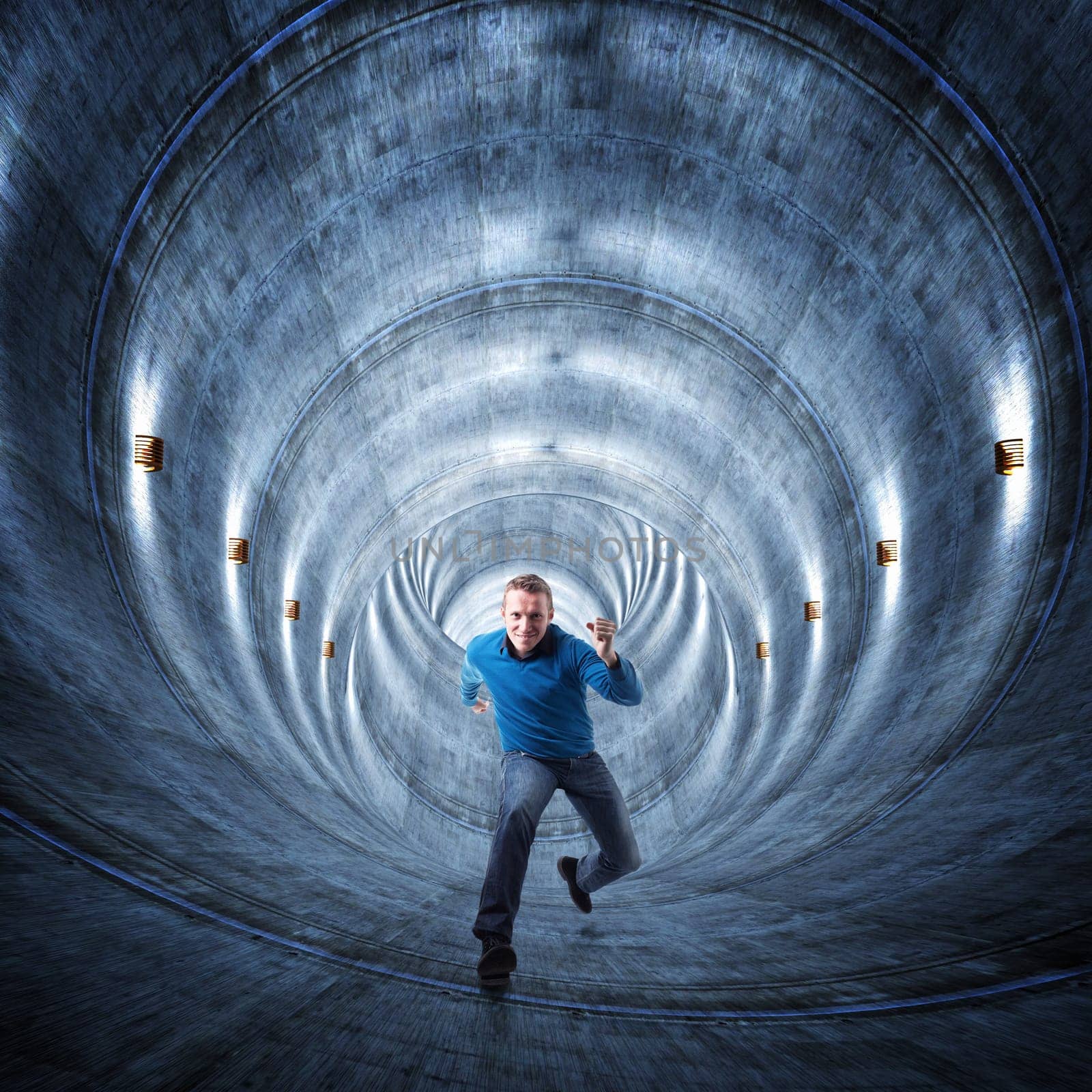 3d image of concrete tunnel and running man