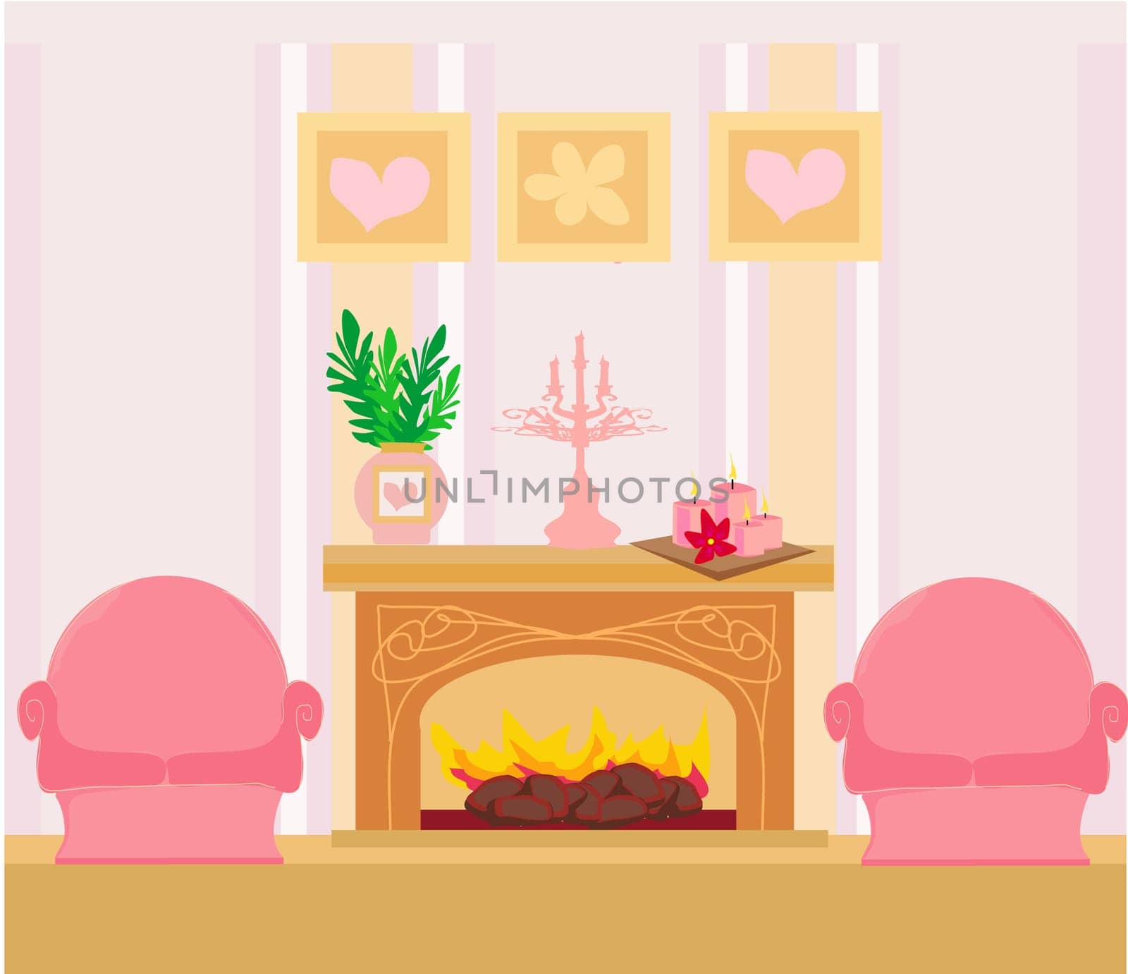 the interior of the fireplace in the center of the composition