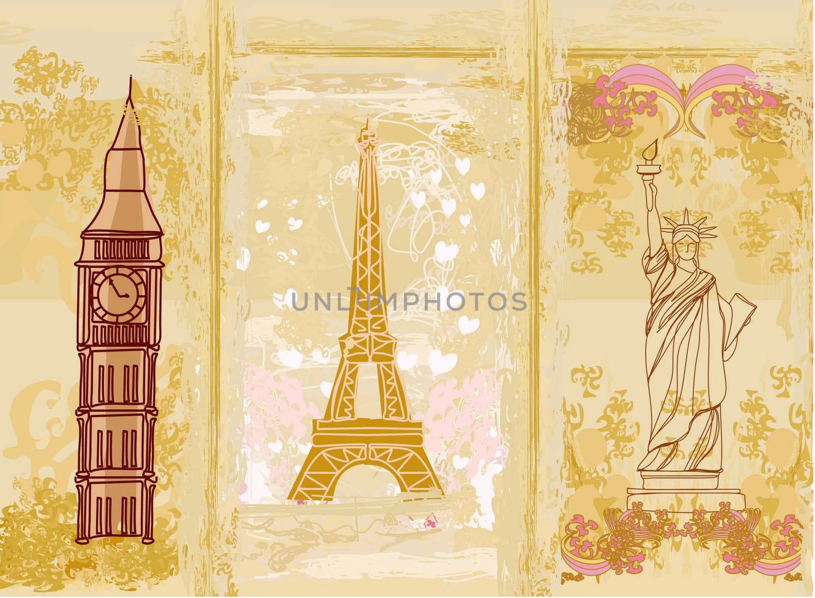 travel design element with different monuments