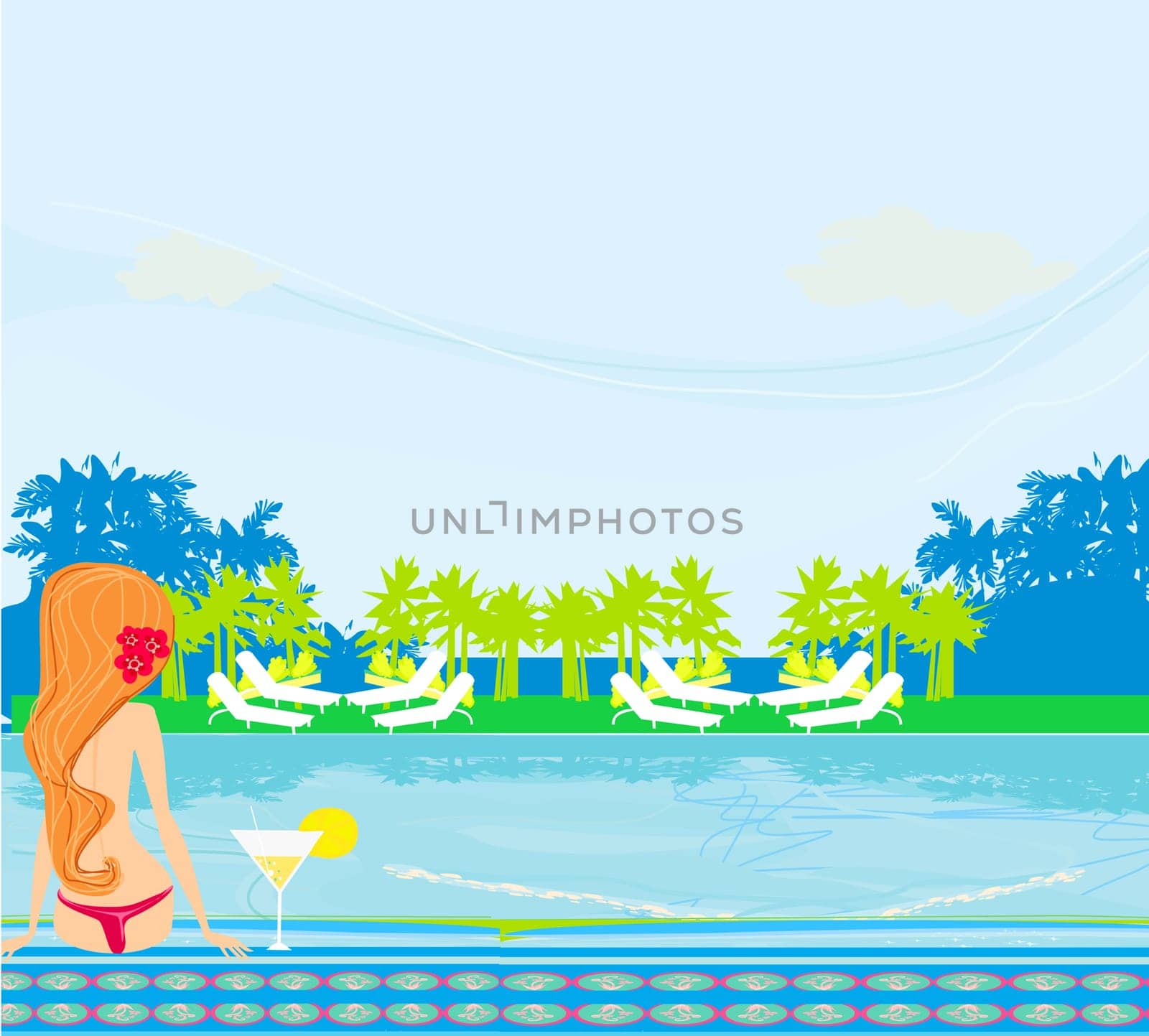 Young Woman Sunbathing by the Pool