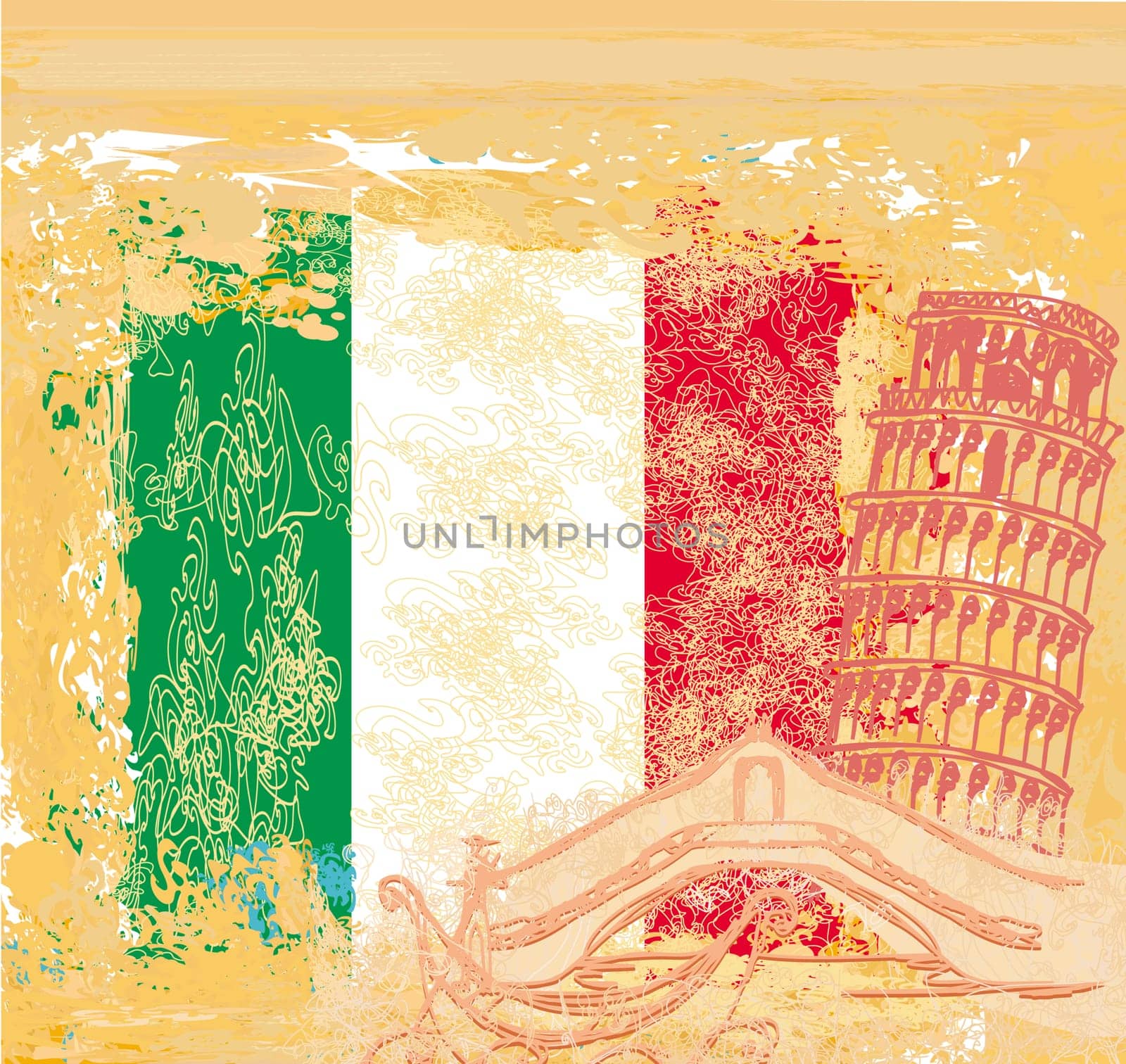 grunge background symbols of italy - gondola and Pisa tower