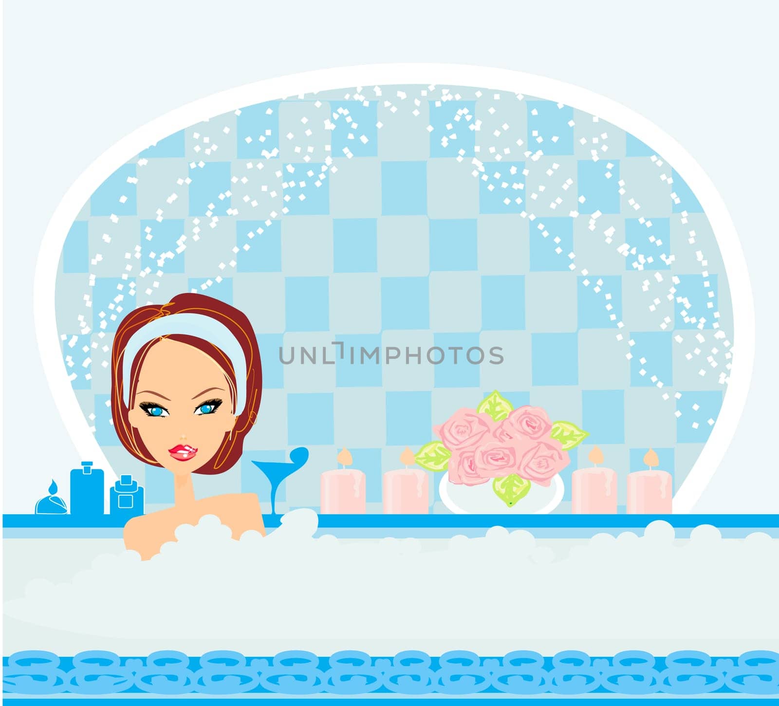 Woman bathing in bathtub in beautiful bathroom.