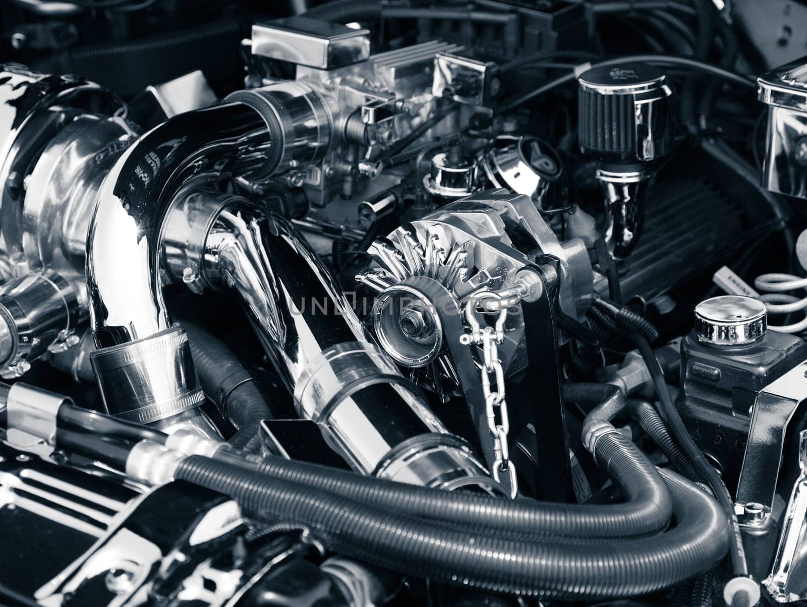 Toned image of an engine compartment of a classic muscle car
