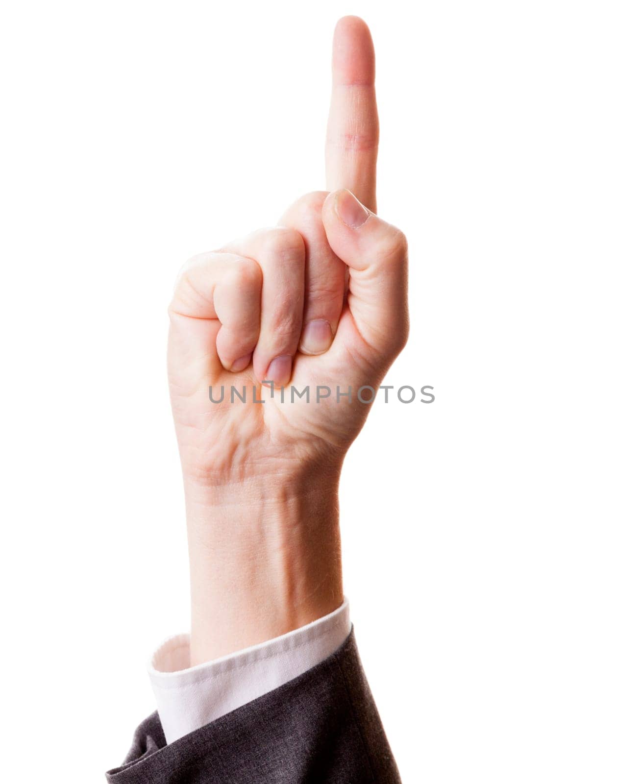 Hand with extended index finger pointing up isolated on white