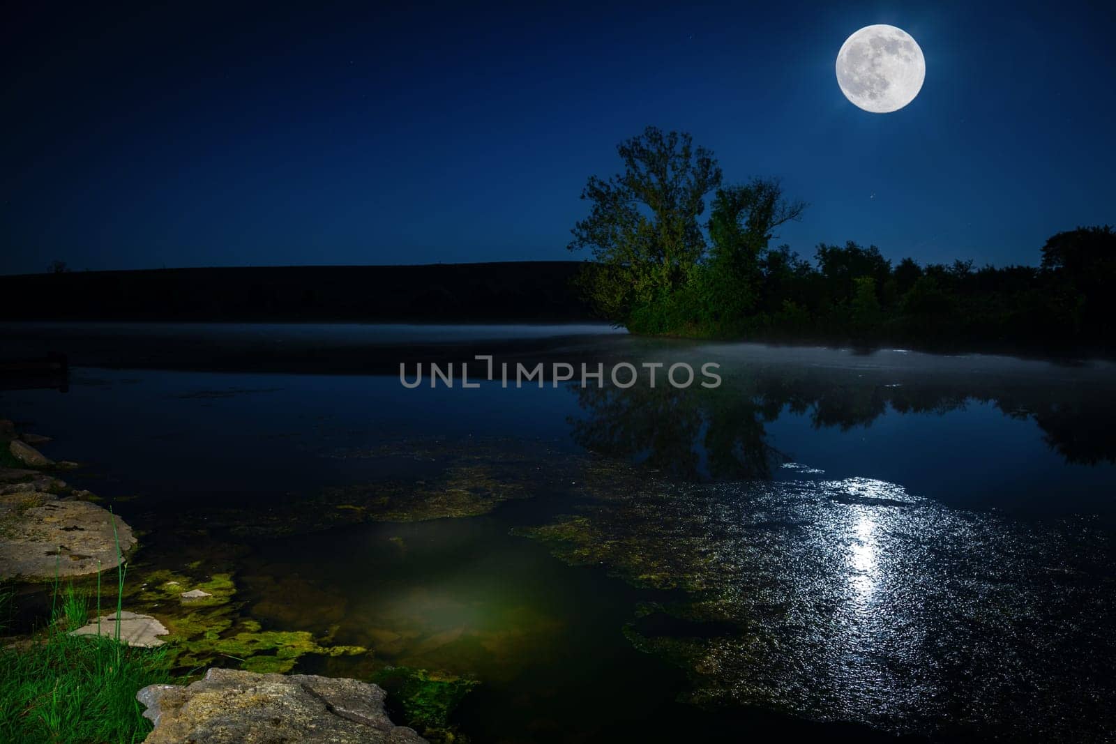 Scenic nighttime landscape with full moon rising over the lake