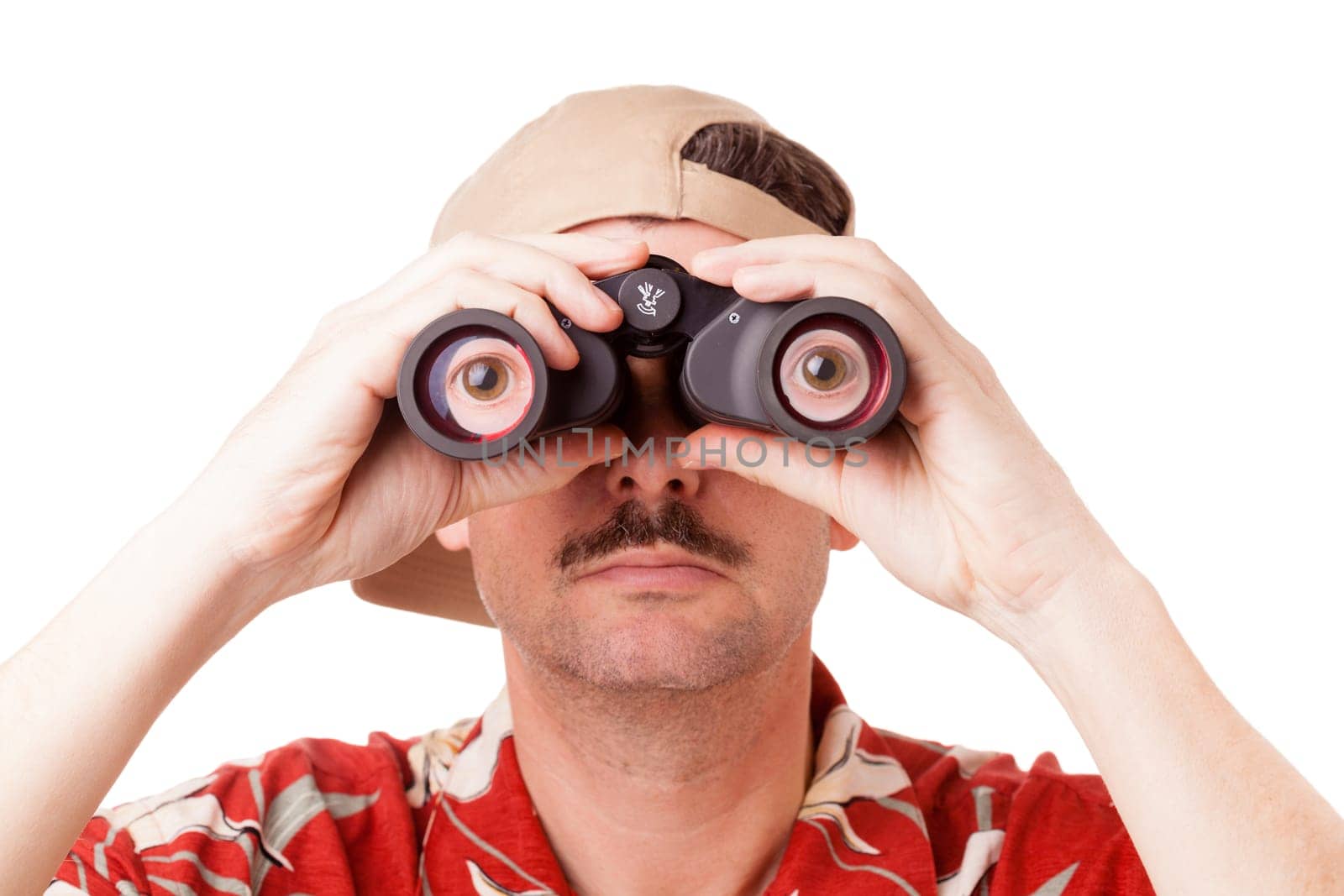 Man in Hawaiian shirt is looking through binoculars. Isolated on white