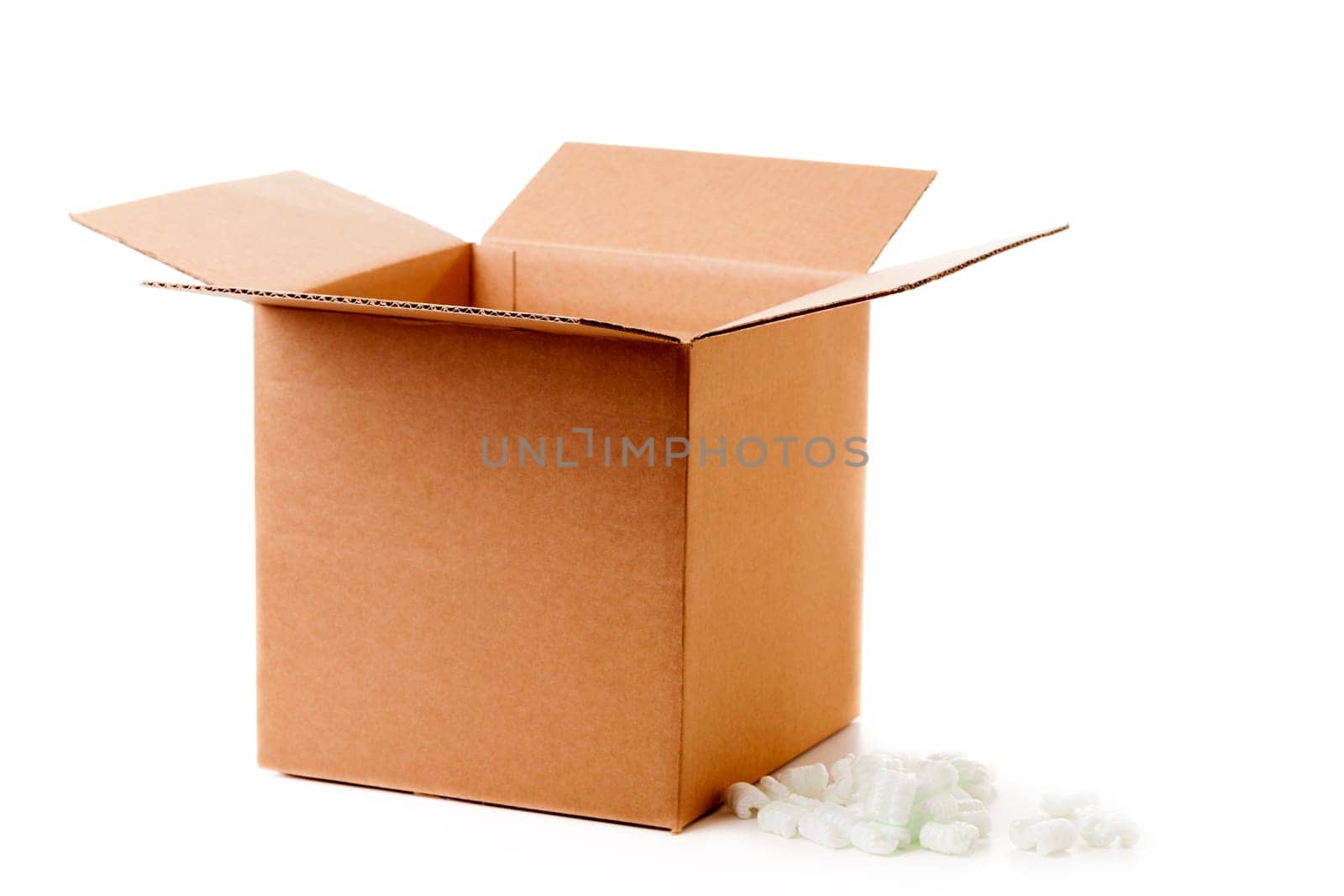 Shipping box with packaging material isolated on white background