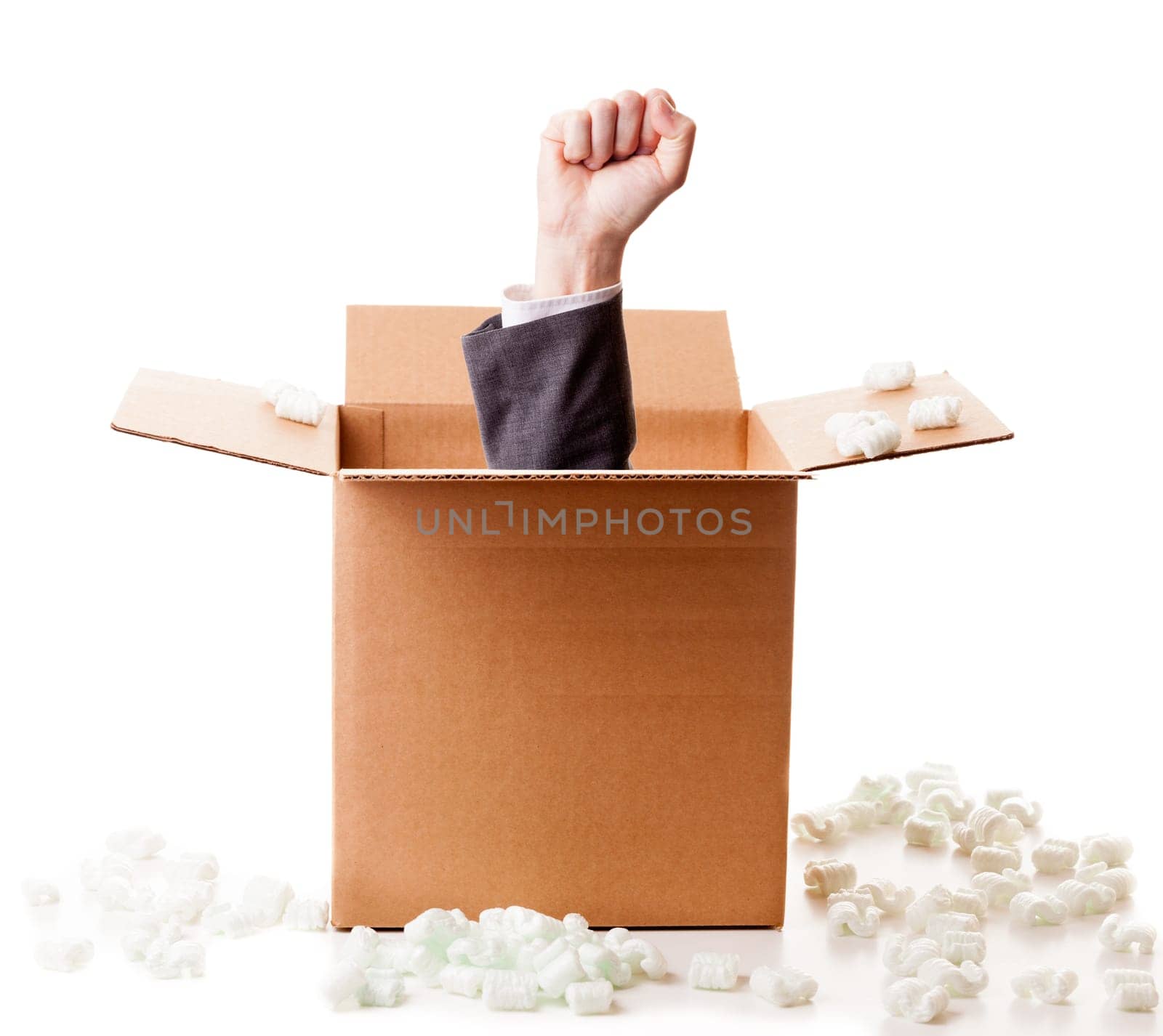 Open box with male fist coming out of it. Isolated on white