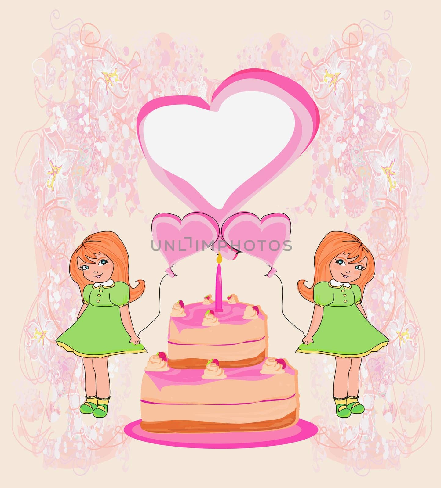 birthday invitation,girl holding balloons and a birthday cake with candles