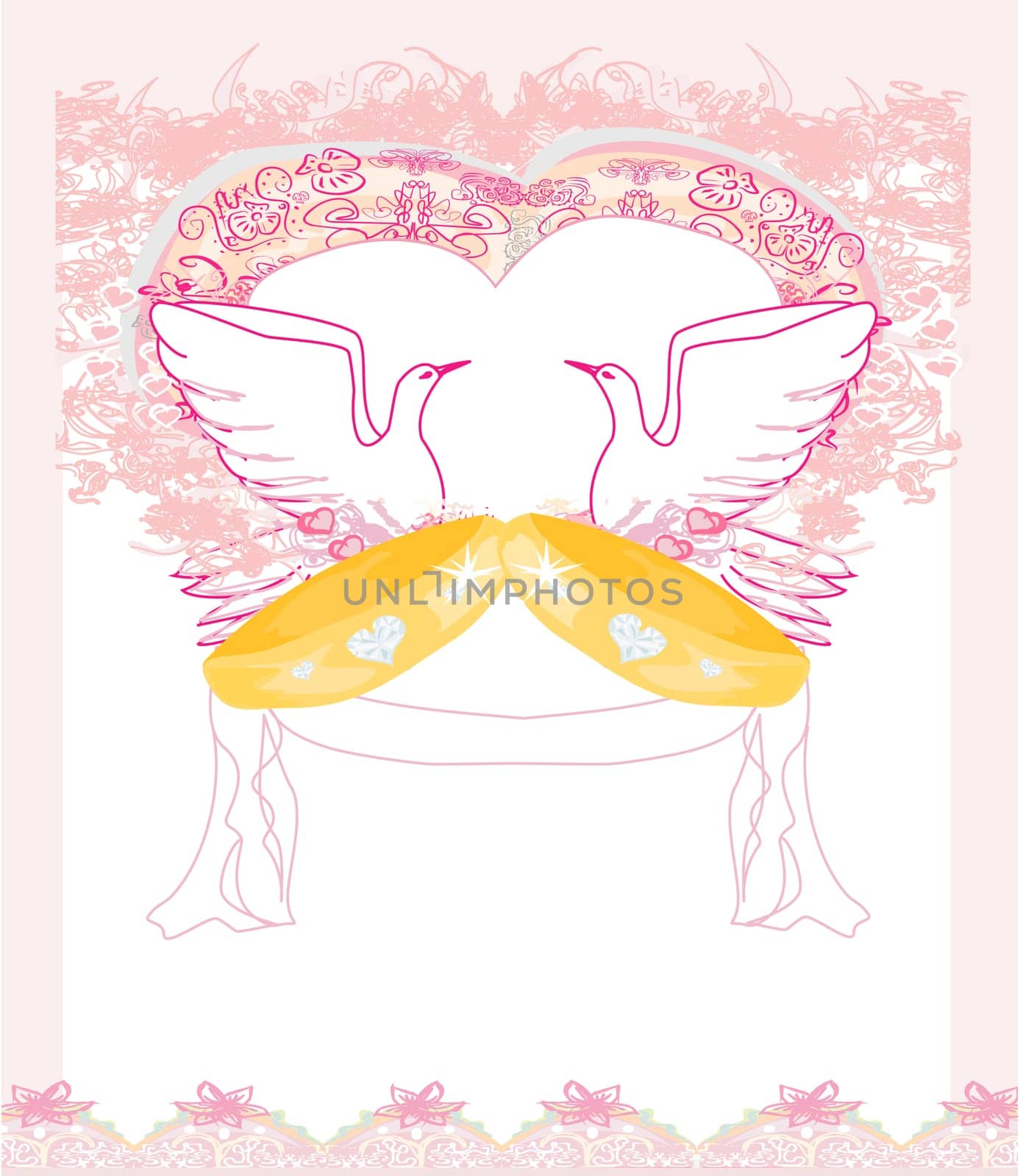 romantic card with love birds and golden wedding rings