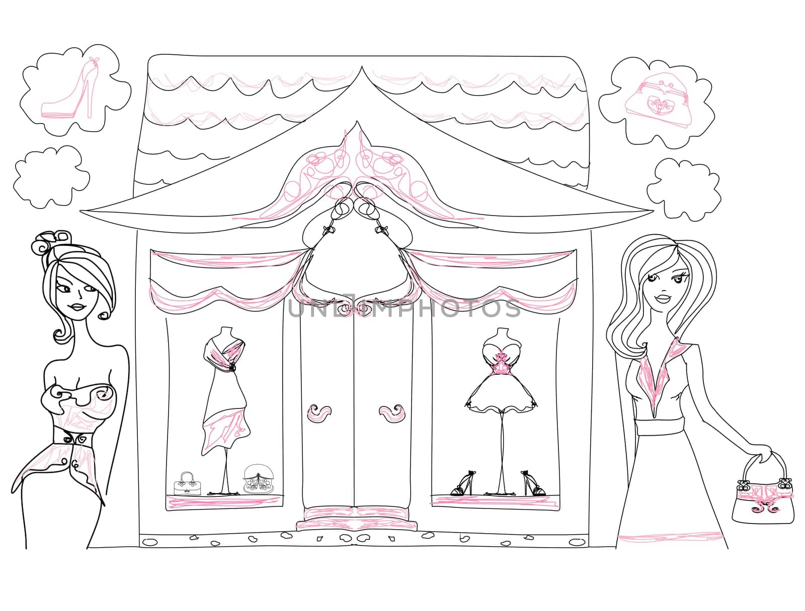 Stylish girls shopping , doodle illustration