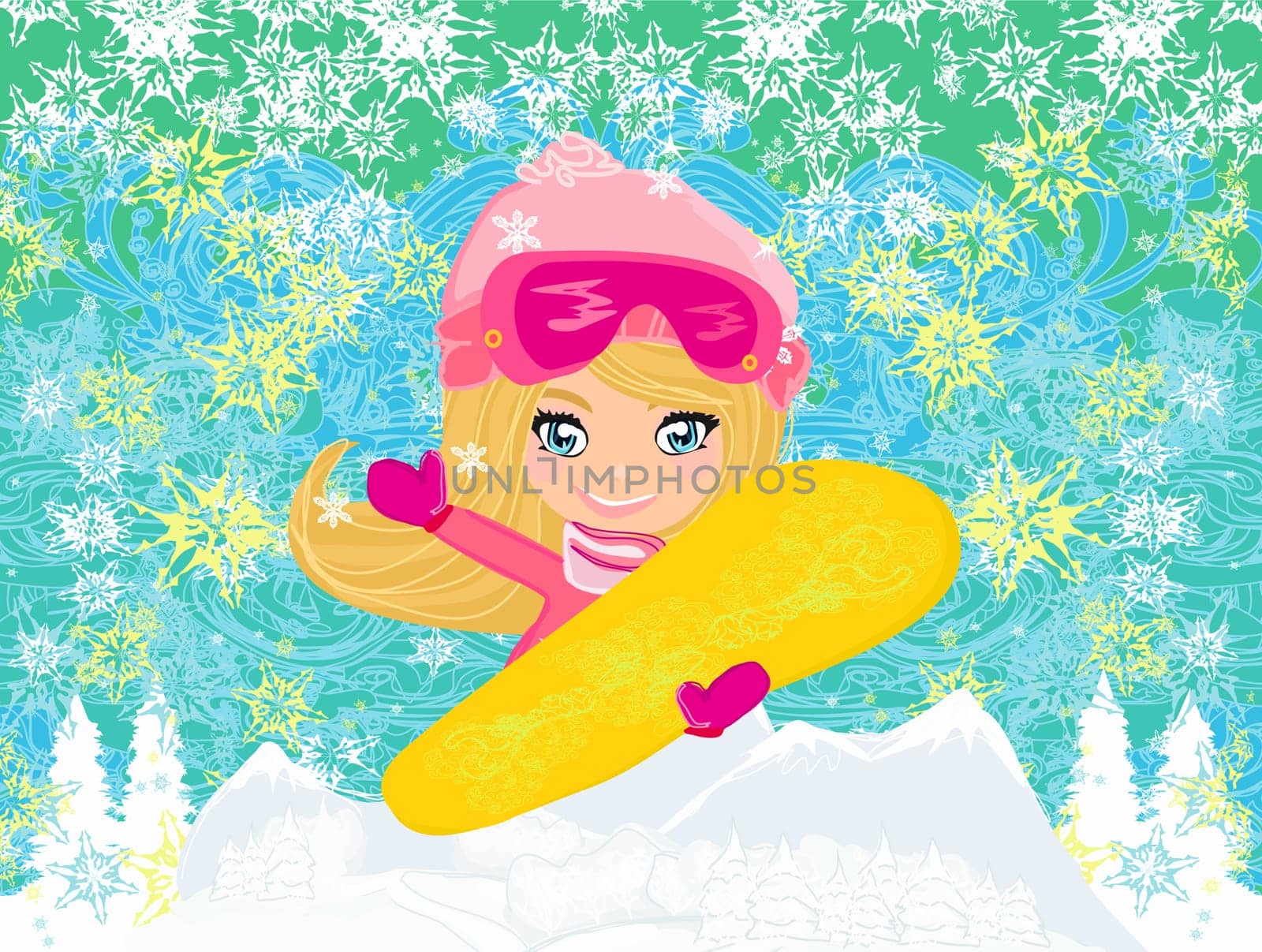 Girl with the snowboard , abstract background
