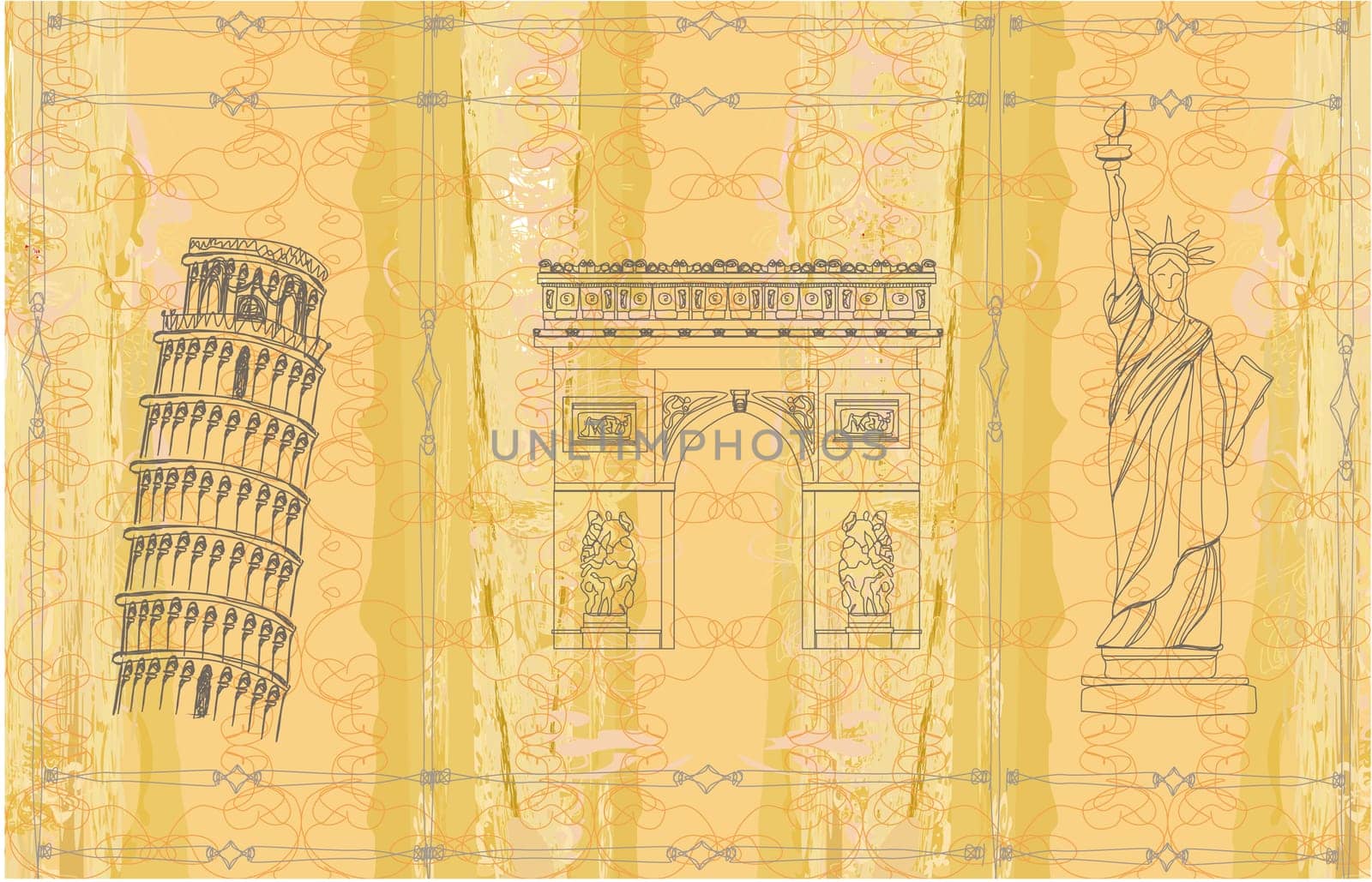 travel design element with different monuments