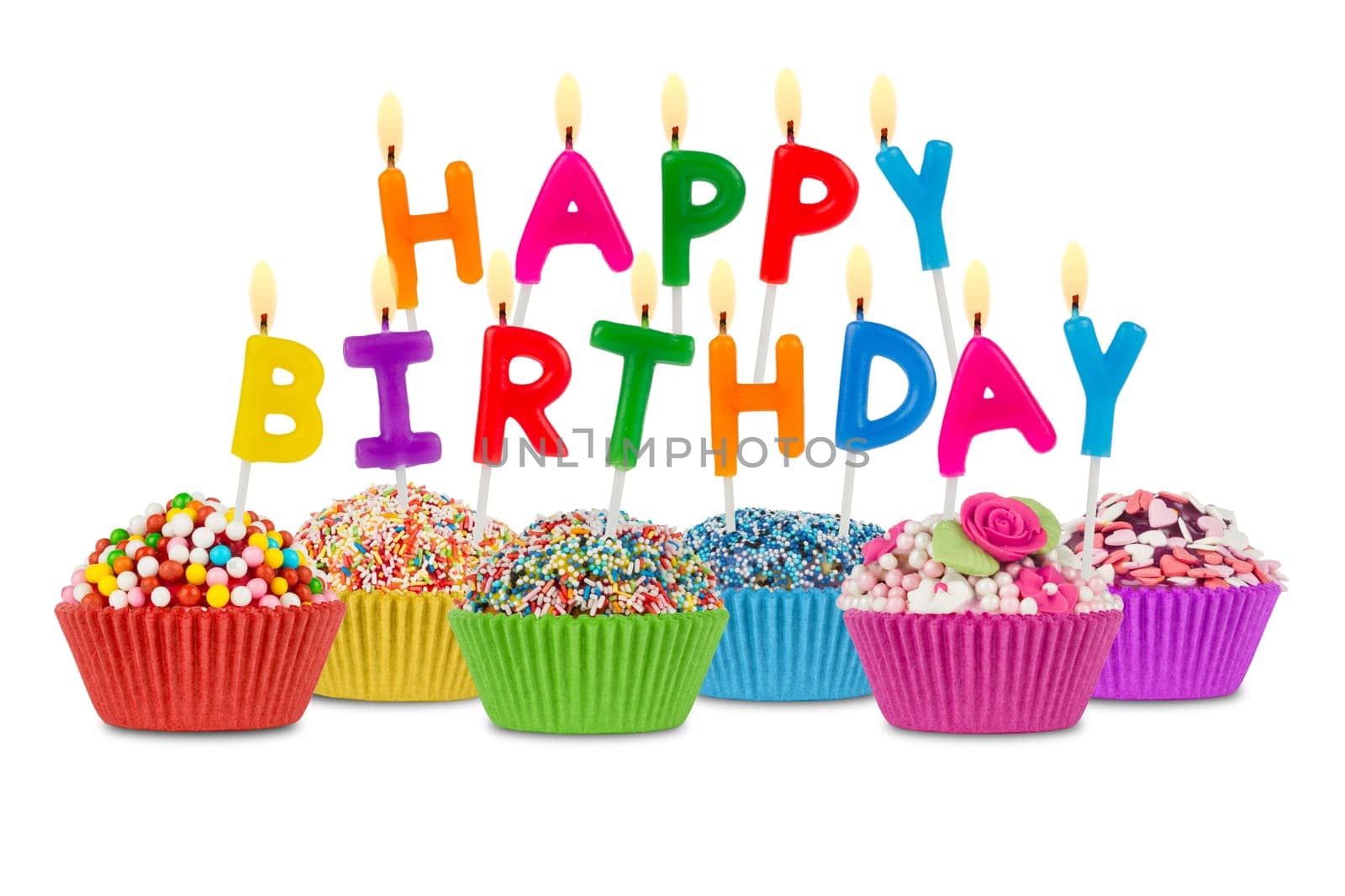 Happy Birthday candles on cupcakes