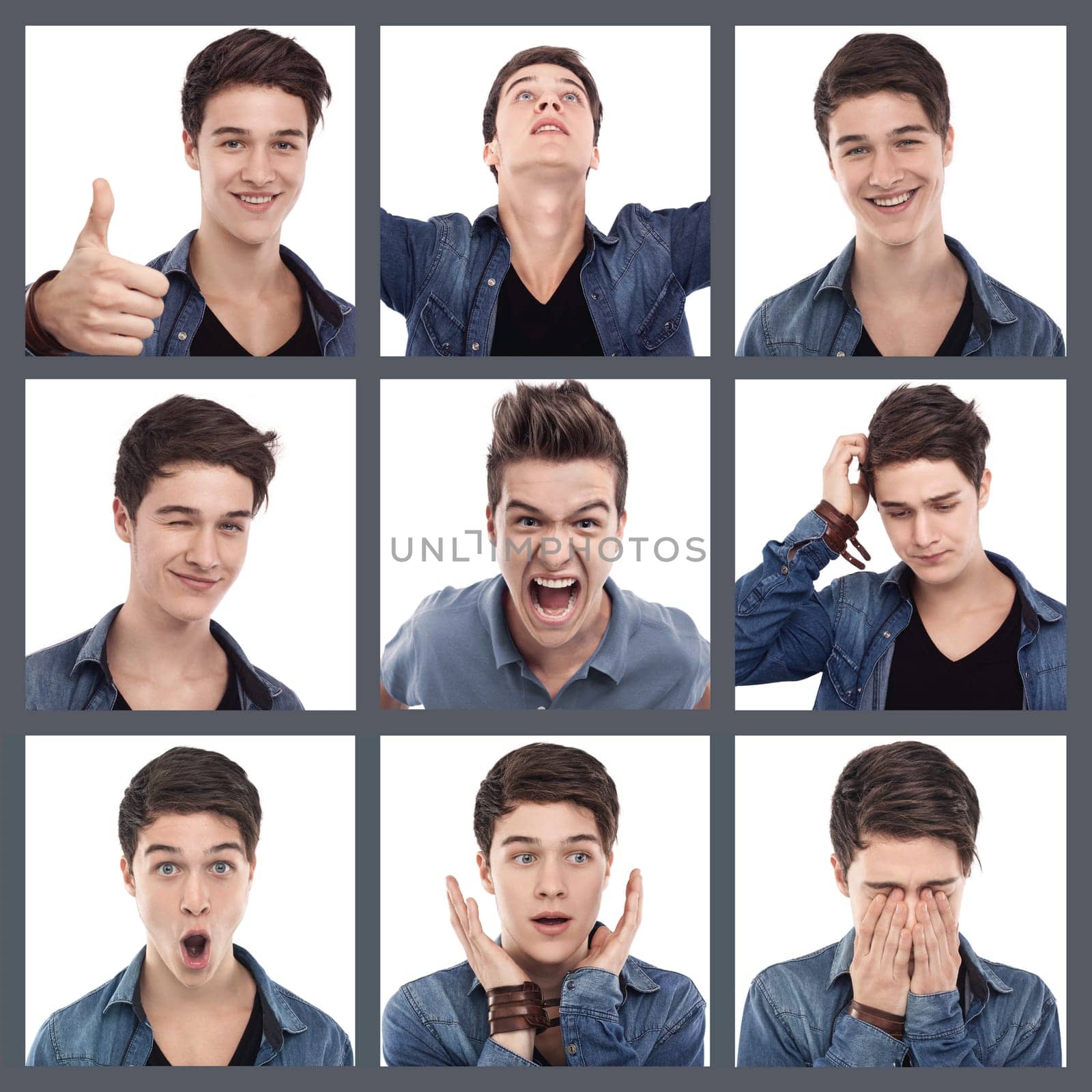 Young man multiple expression images on white