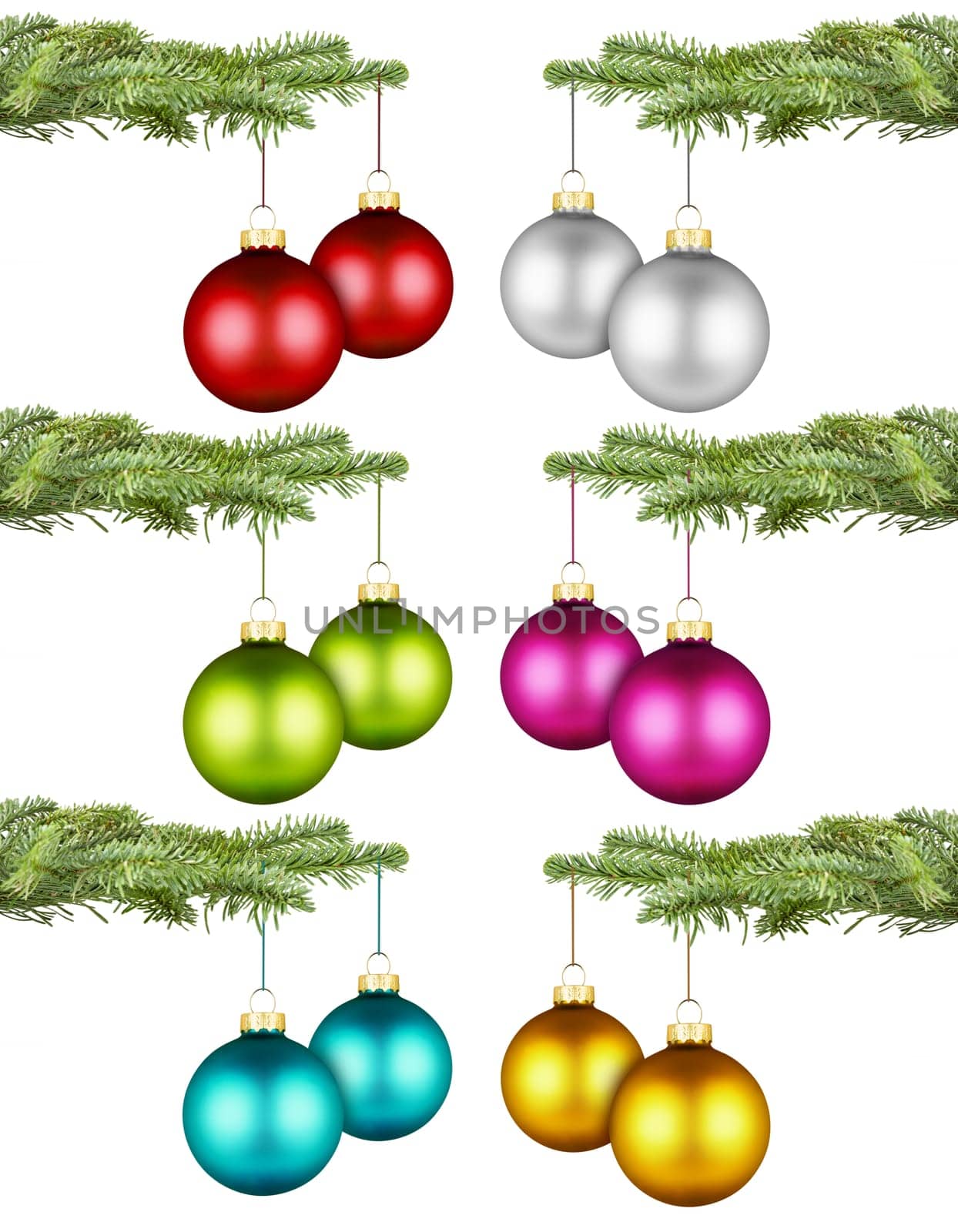 Pair of Christmas baubles on fir branch in different colors