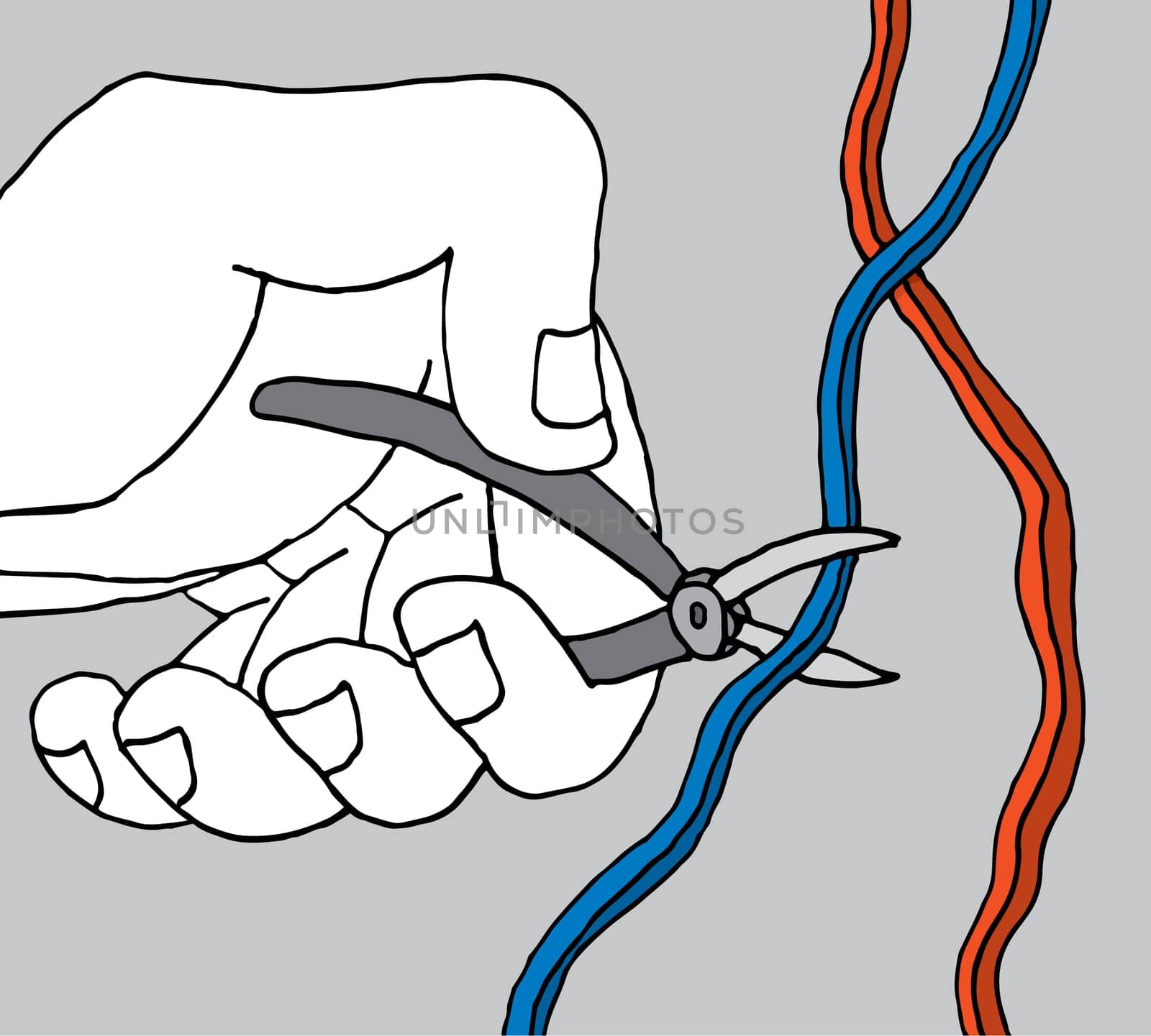 Hand cutting one of two wires