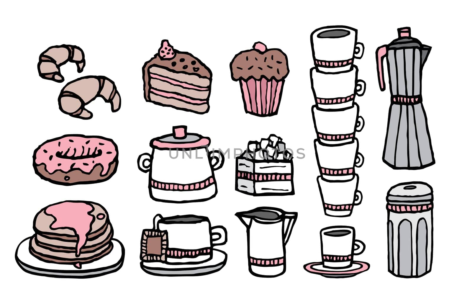 Color coffee and sweet food / Handwritten cafe stuff set