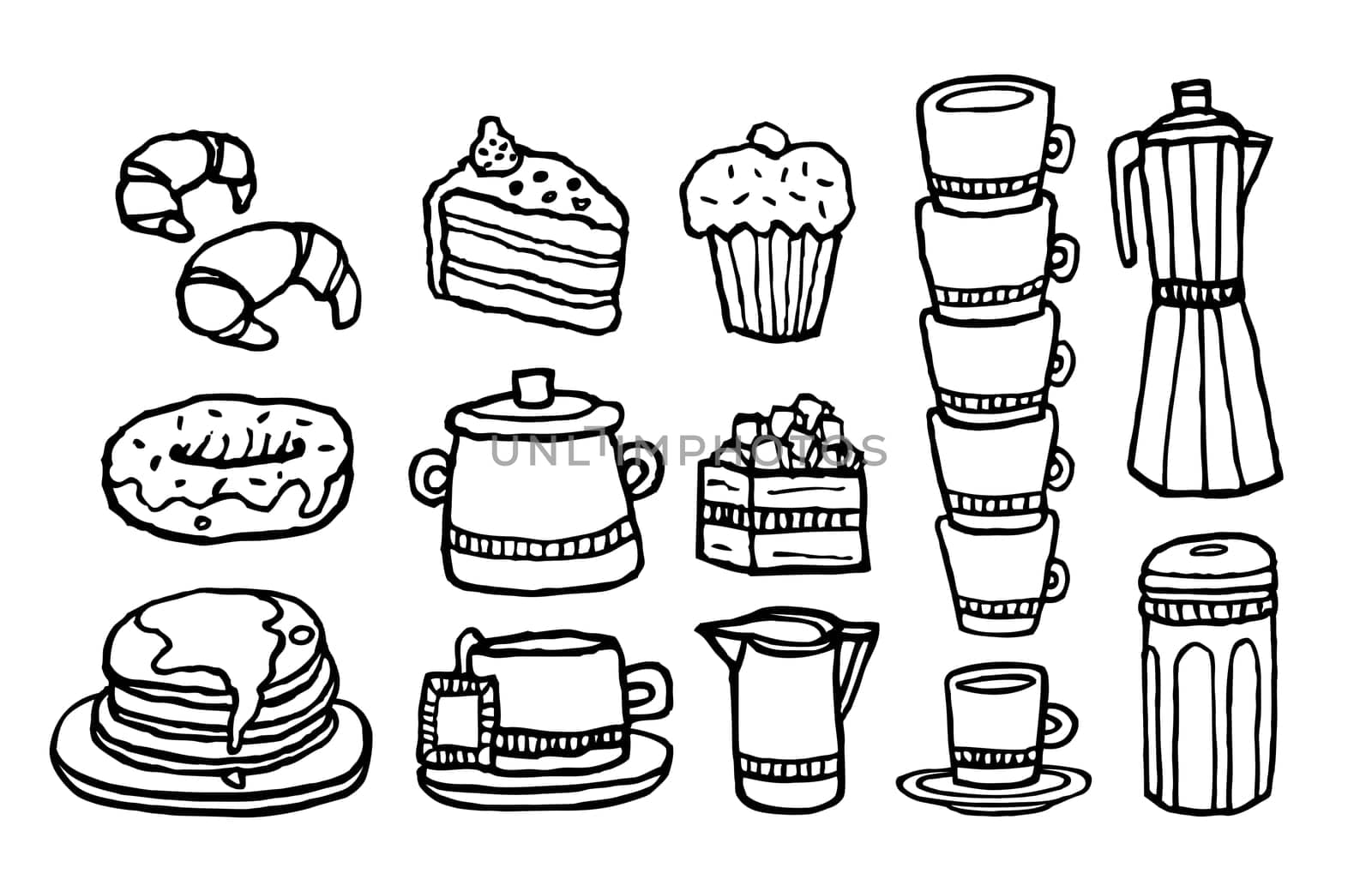 Coffee and sweet food / Handwritten cafe stuff set