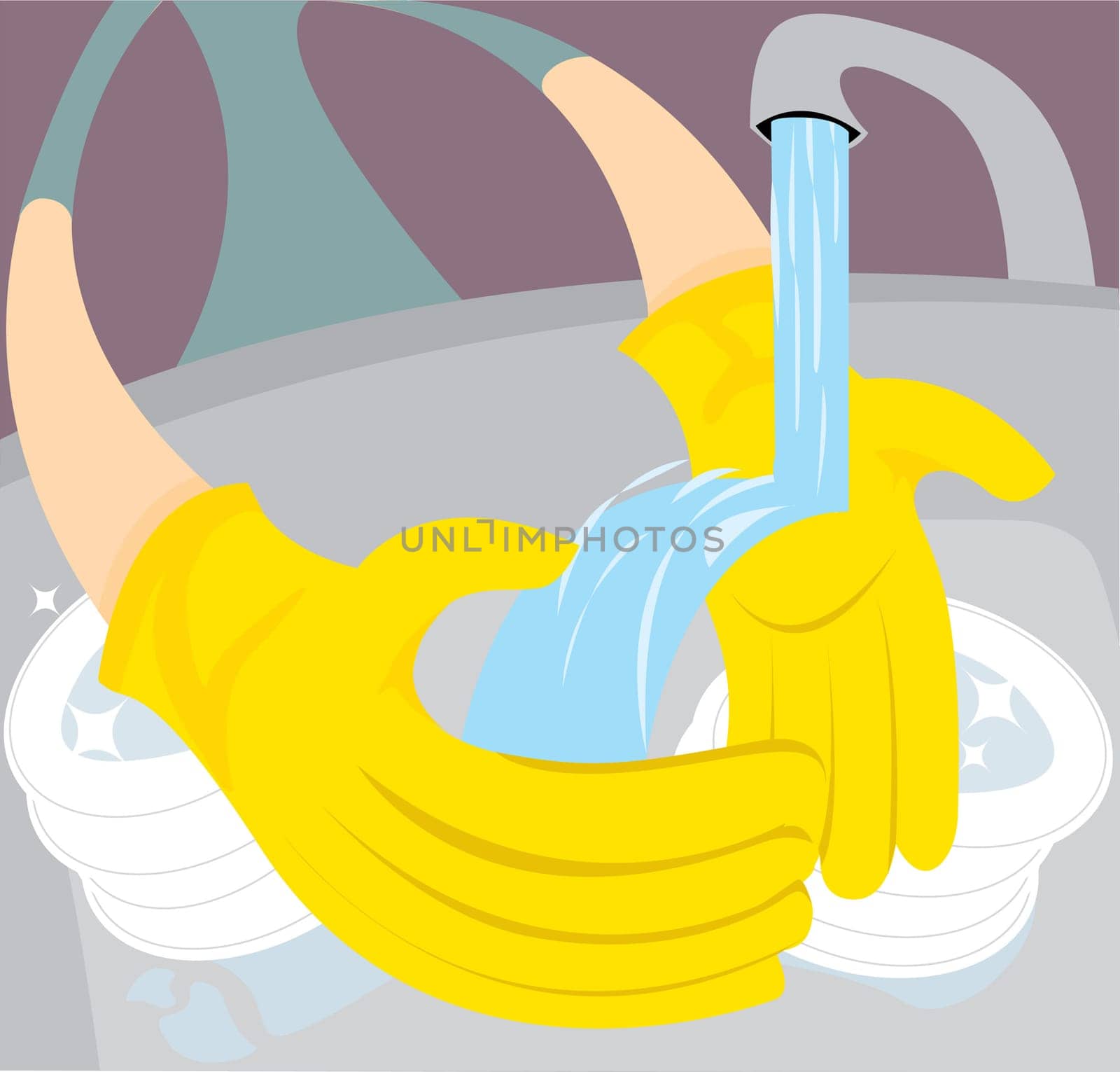 Woman with rubber gloves washing the dishes