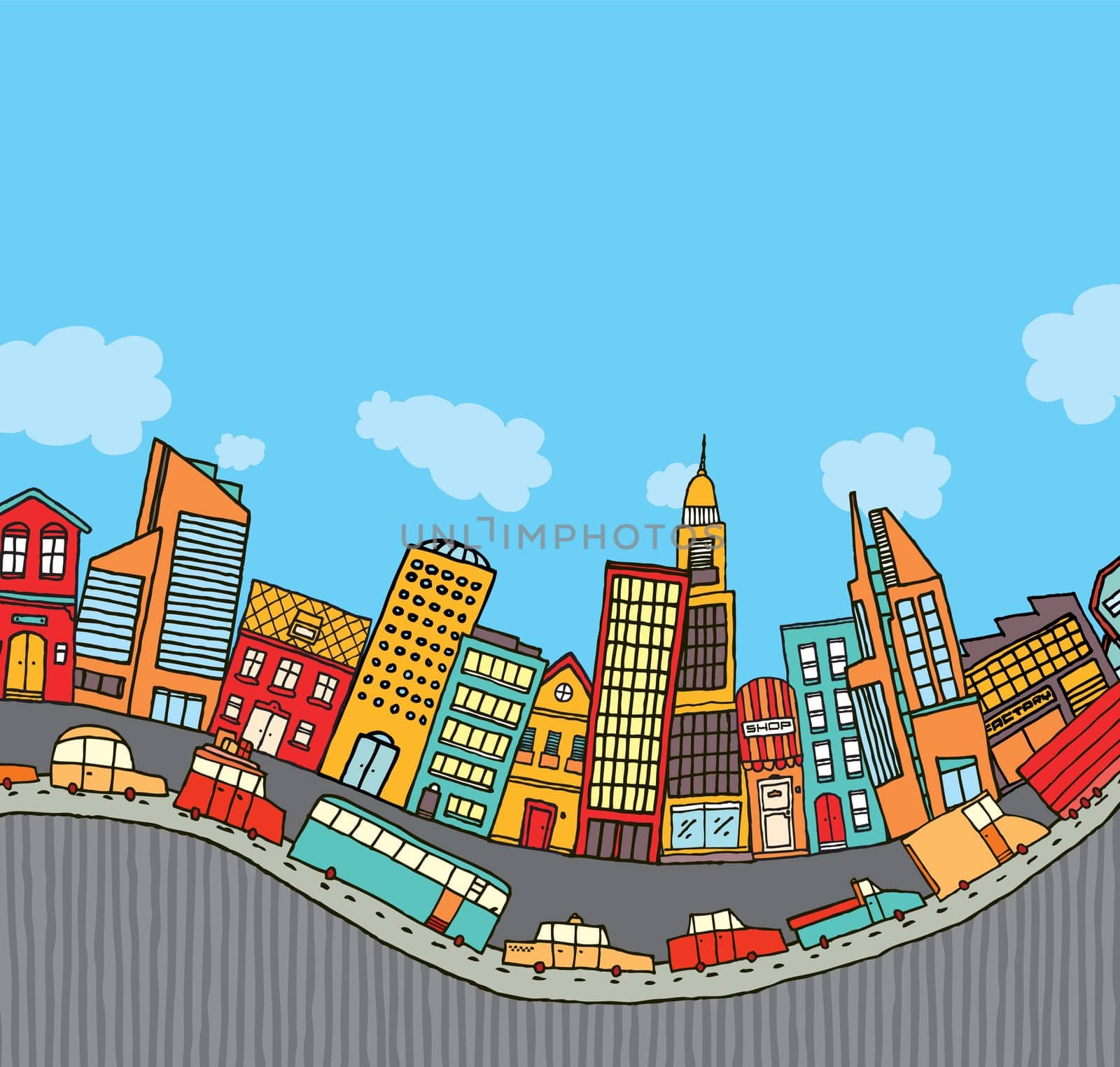 Funny cartoon city with copyspace