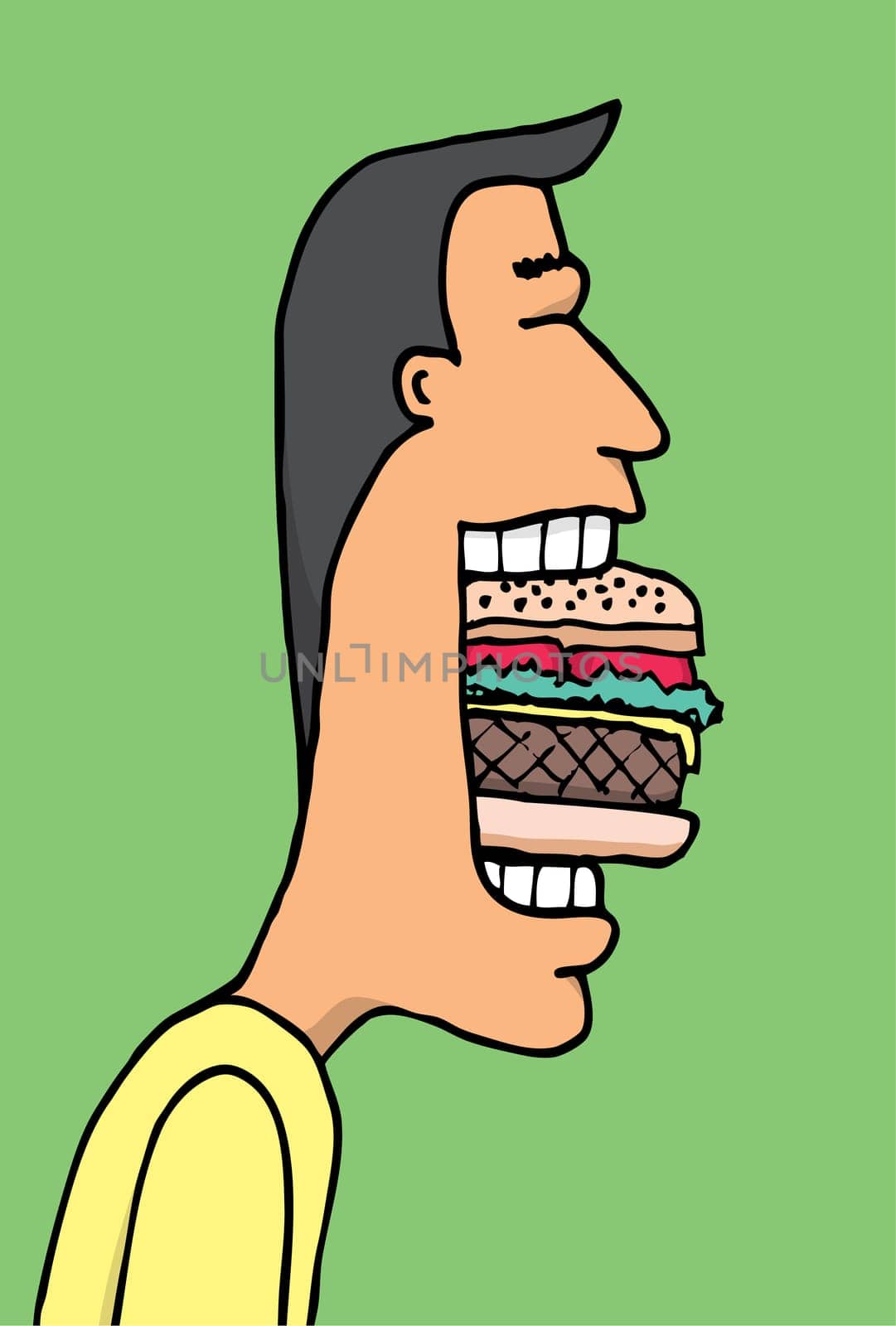 Cartoon man eating huge hamburguer
