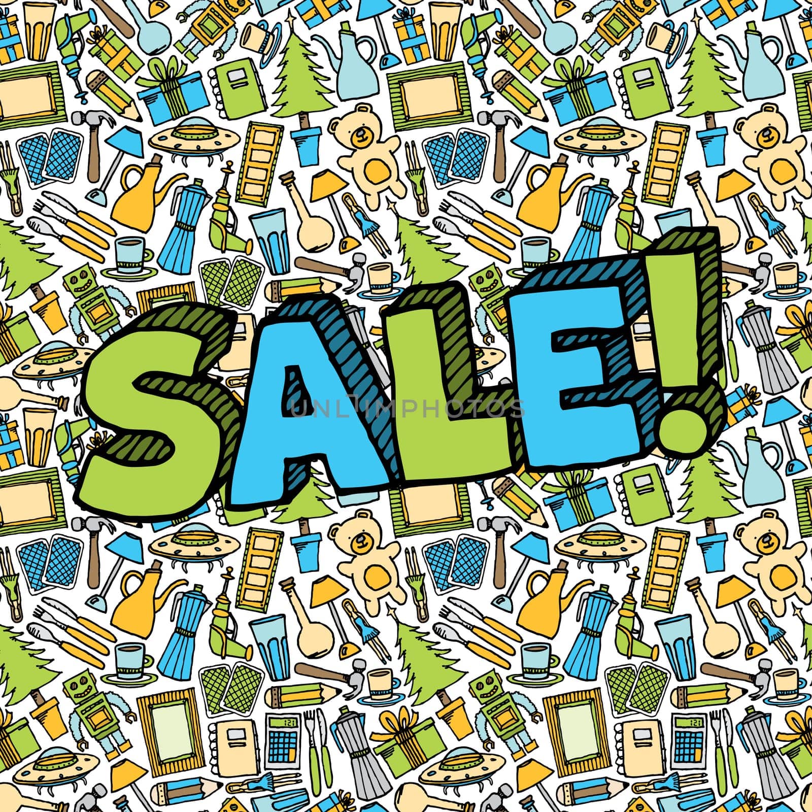 Sale of different objects seamless with text