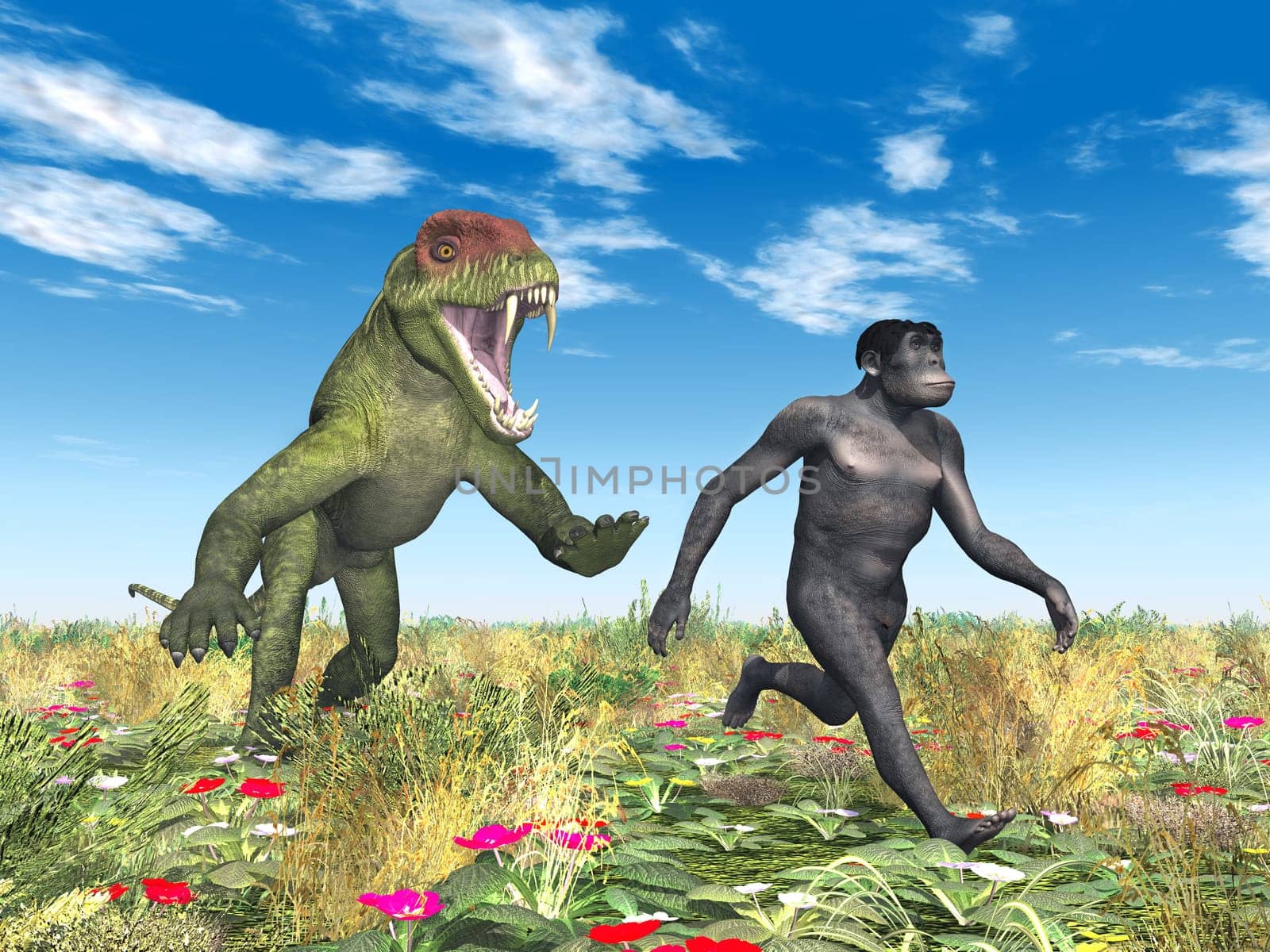 Computer-generated 3D illustration with Homo Habilis and Doliosauriscus. Homo Habilis is an extinct species of the genus Homo. Doliosauriscus is an extinct genus of carnivorous synapsids.